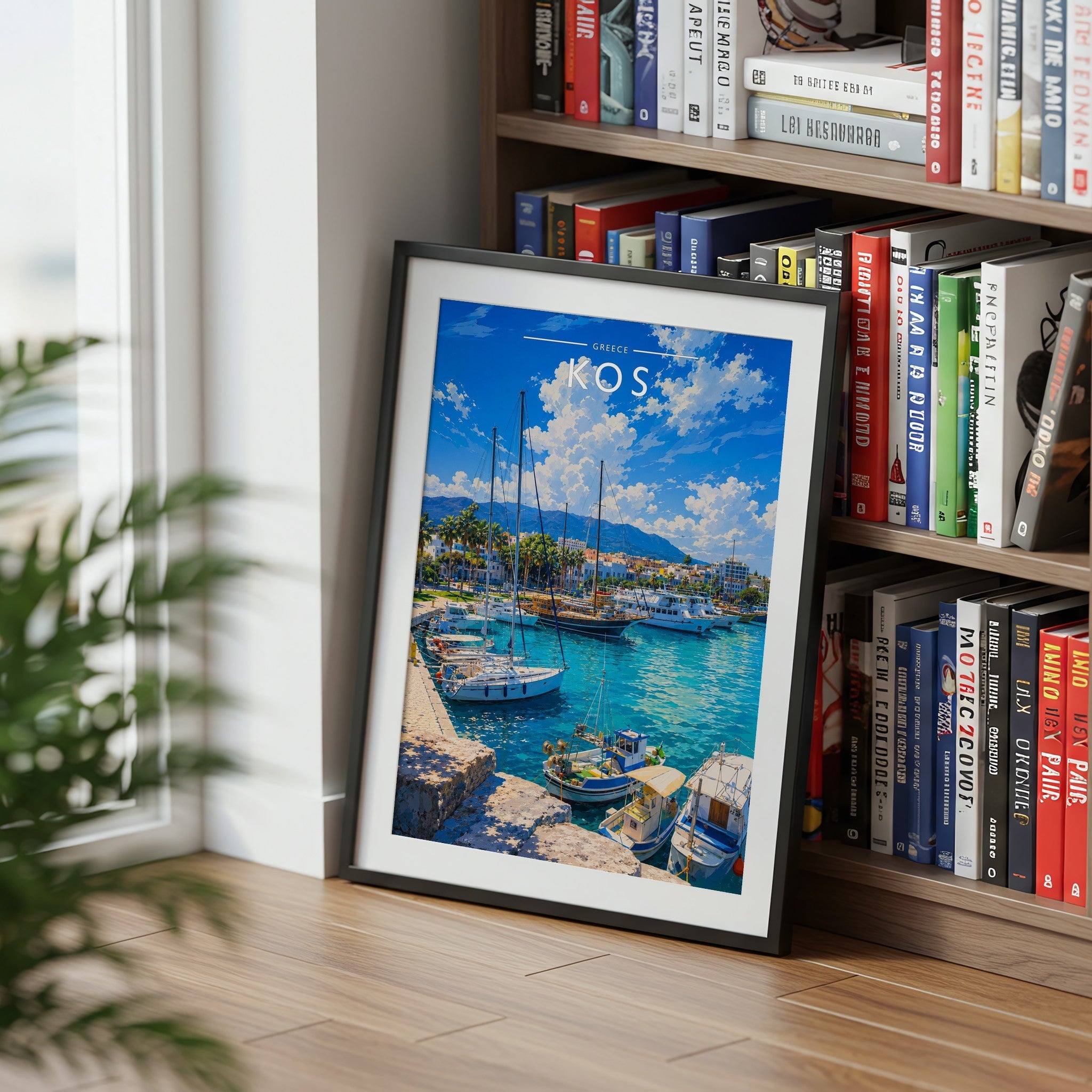 Kos #3 Travel Poster mounted in a black frame