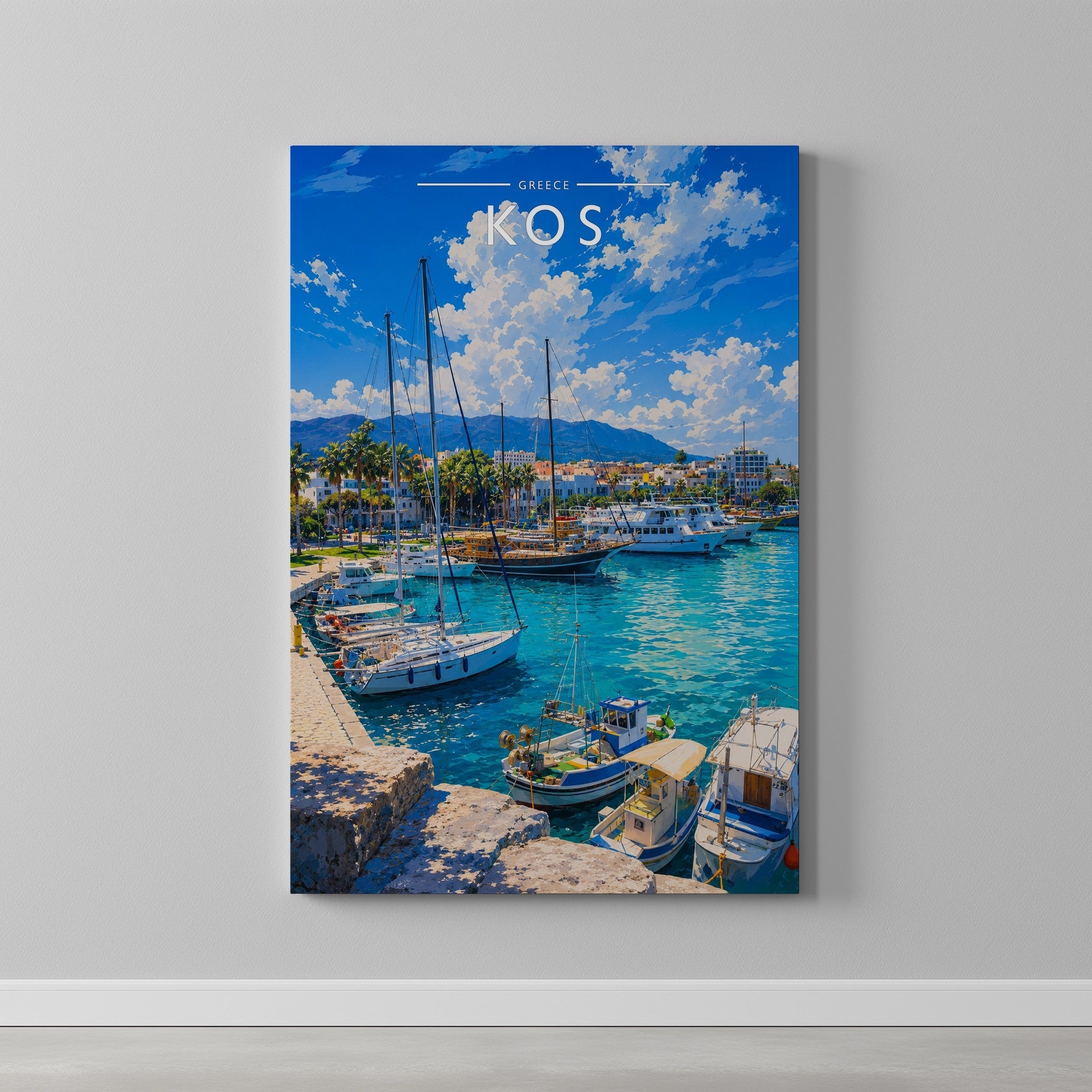 Kos #3 Travel Poster as a gallery-wrapped canvas on a plain wall