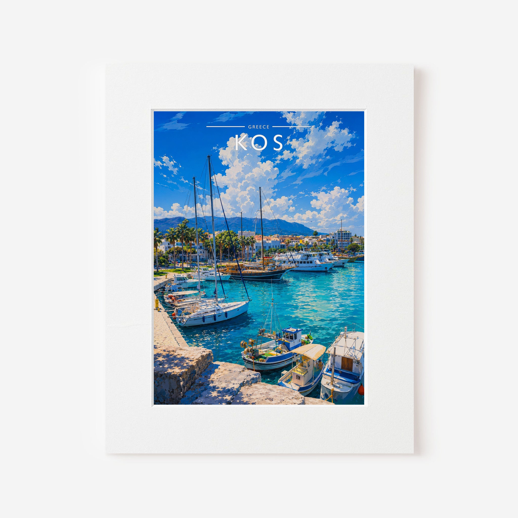 Kos #3 Travel Poster in a white mount