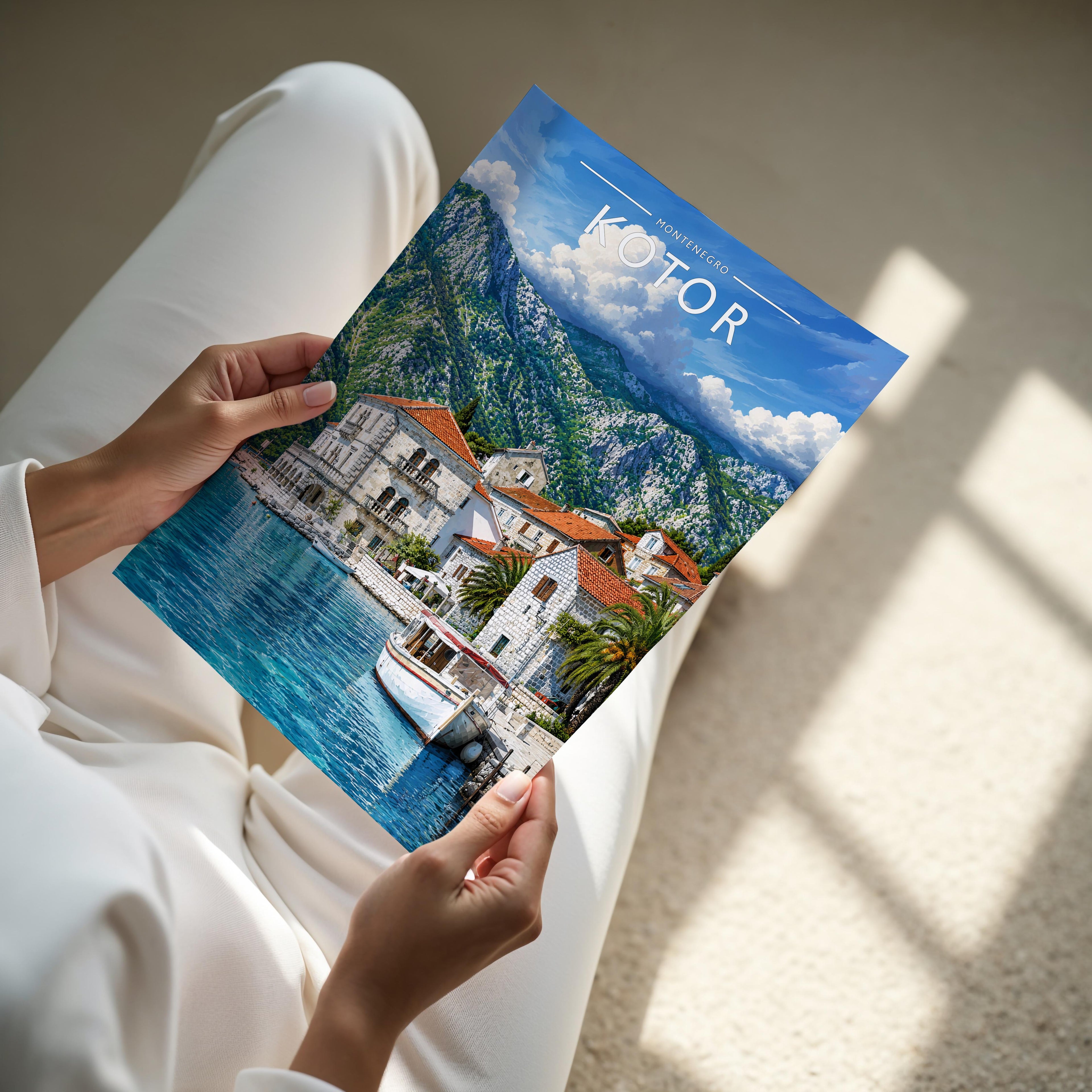 Kotor Travel Poster - A4 print held in hand