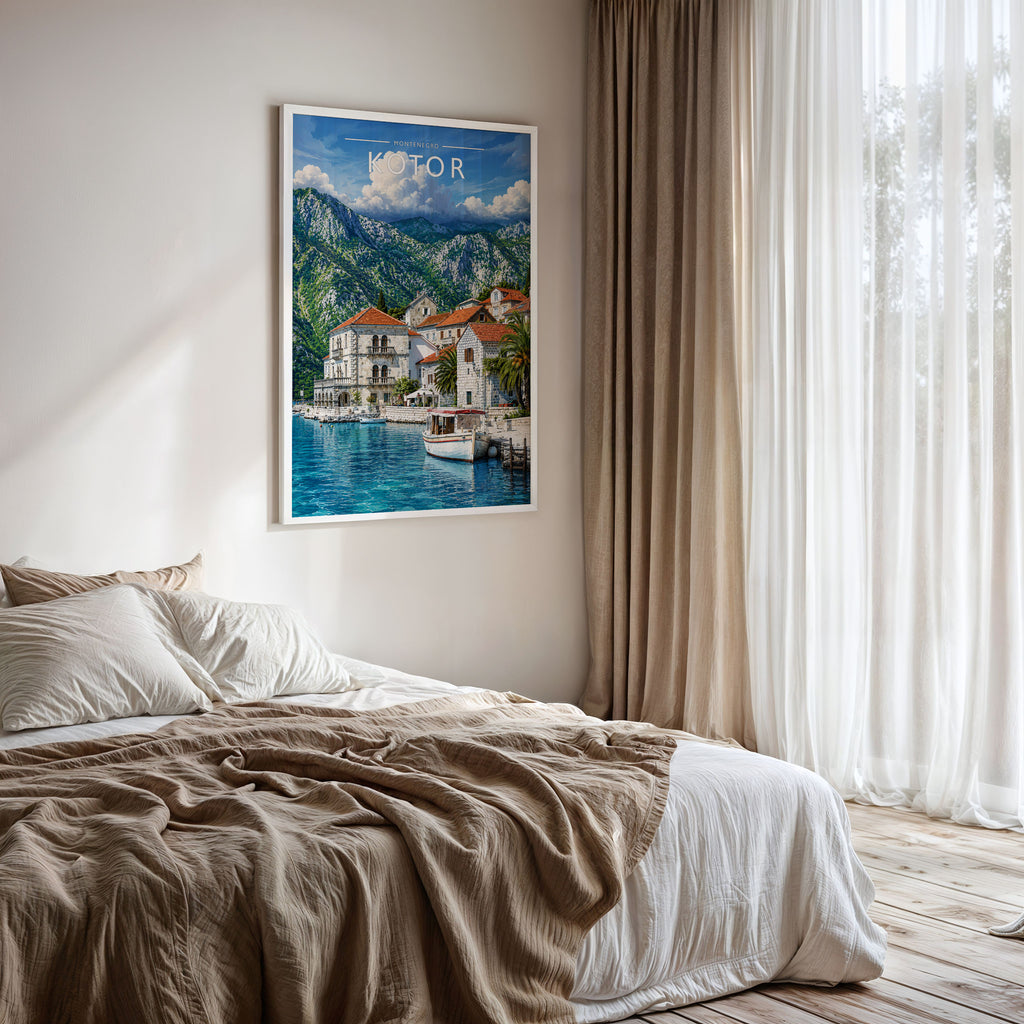Kotor Travel Poster framed on a bedroom wall