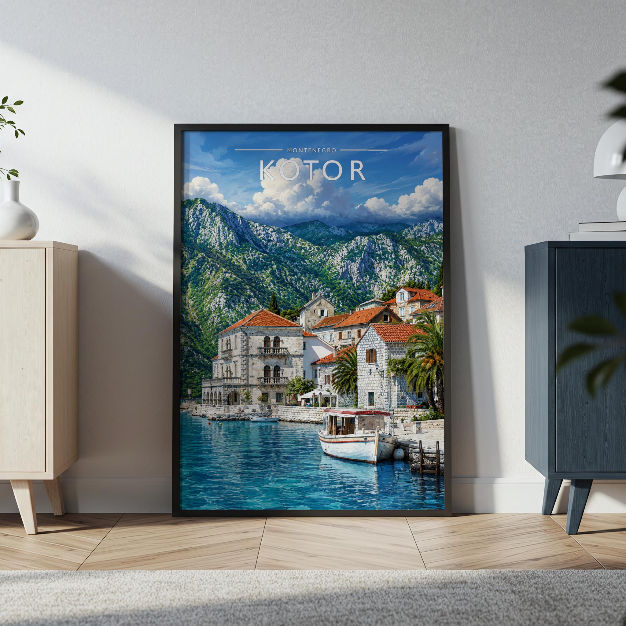 Kotor Travel Poster in a black frame