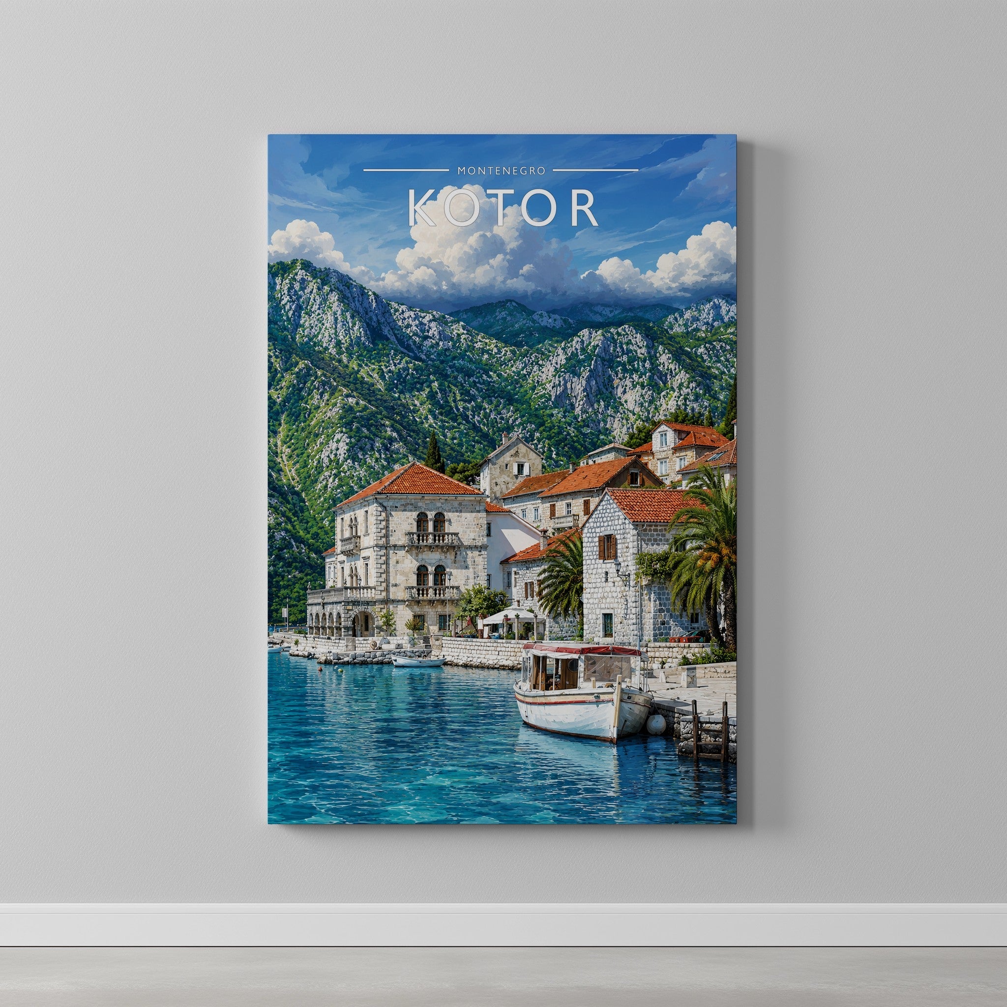 Kotor Travel Poster as a gallery-wrapped canvas on a plain wall