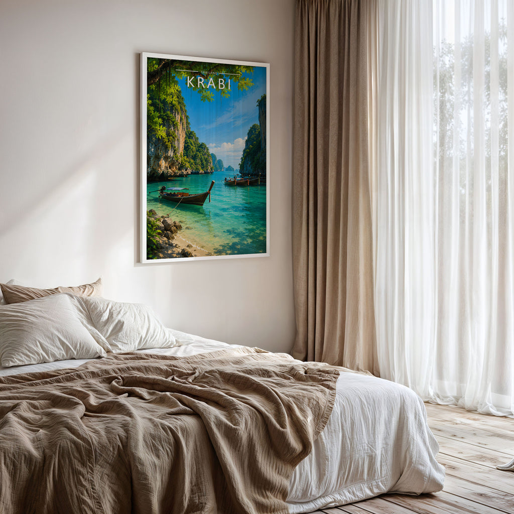 Krabi #2 Travel Poster framed on a bedroom wall