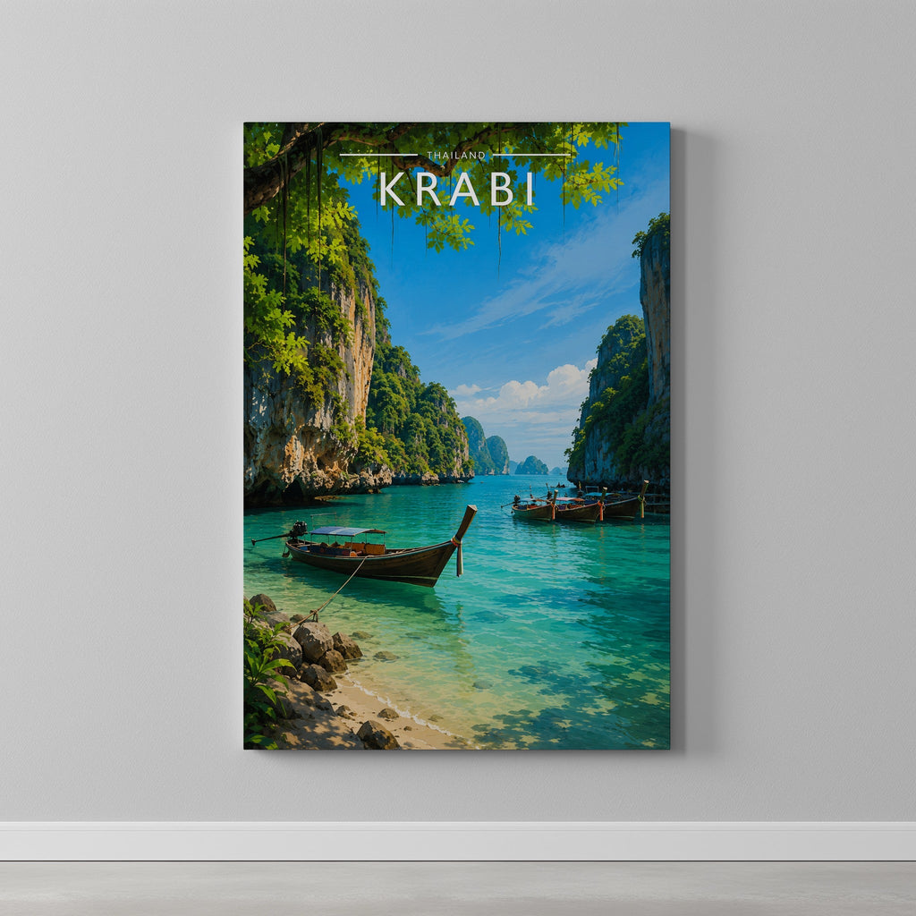 Krabi #2 Travel Poster as a gallery-wrapped canvas on a plain wall