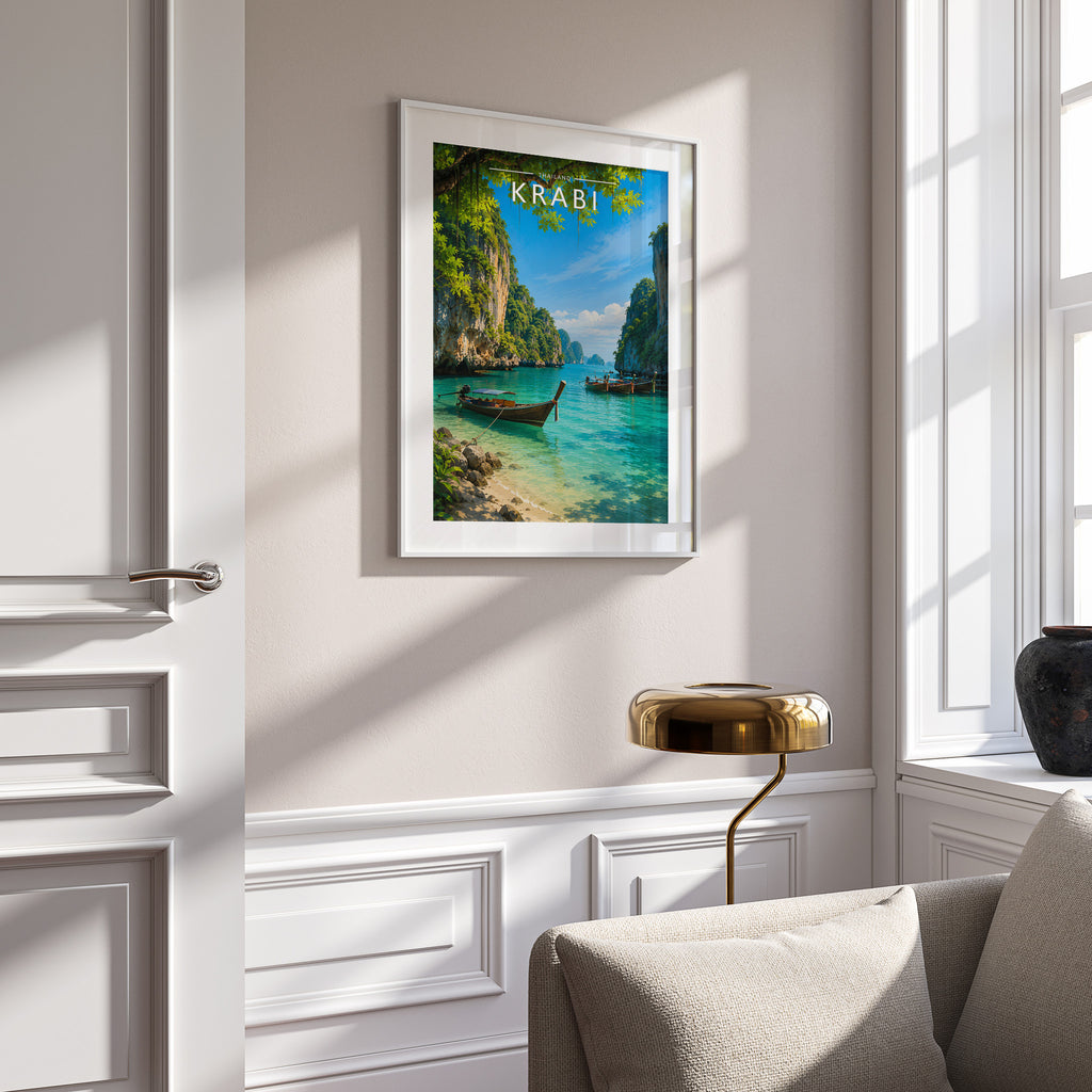 Krabi #2 Travel Poster in a white frame on a panelled wall