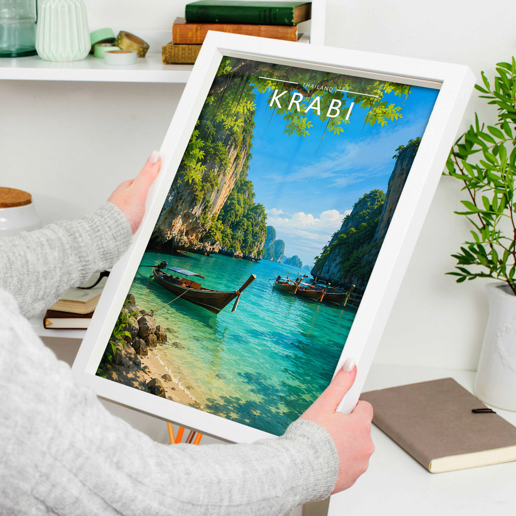 Krabi #2 Travel Poster in a white frame, held to show scale