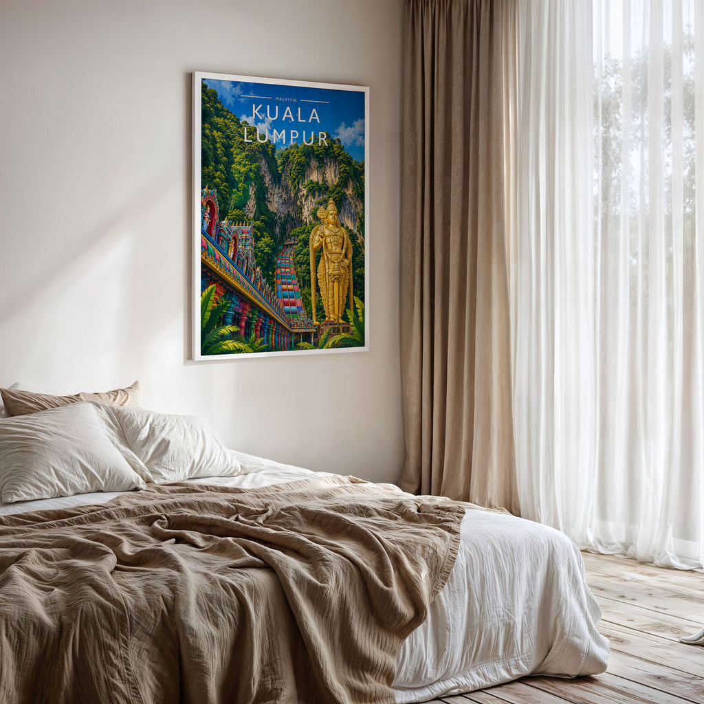 Kuala Lumpur Travel Poster framed on a bedroom wall