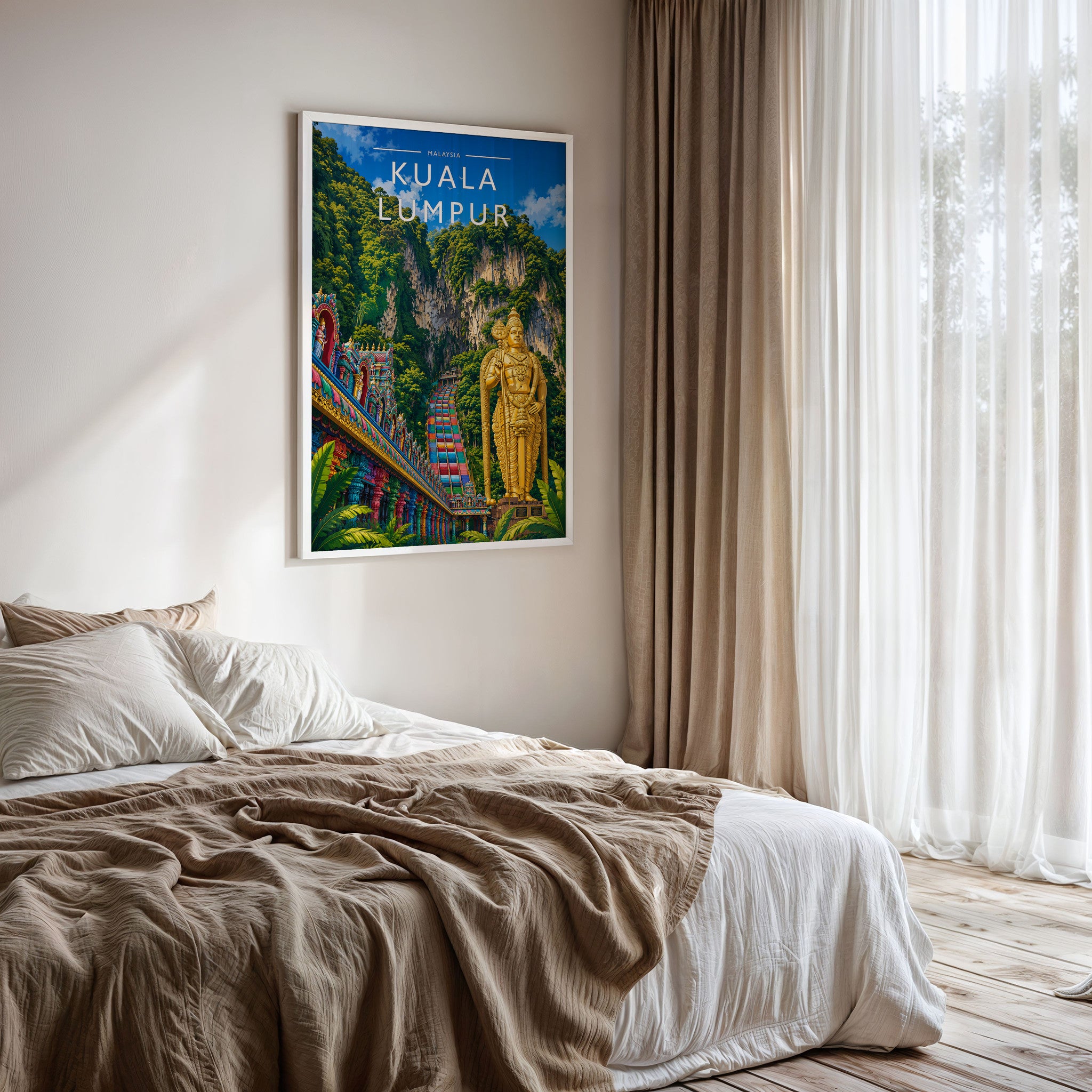 Kuala Lumpur Travel Poster framed on a bedroom wall
