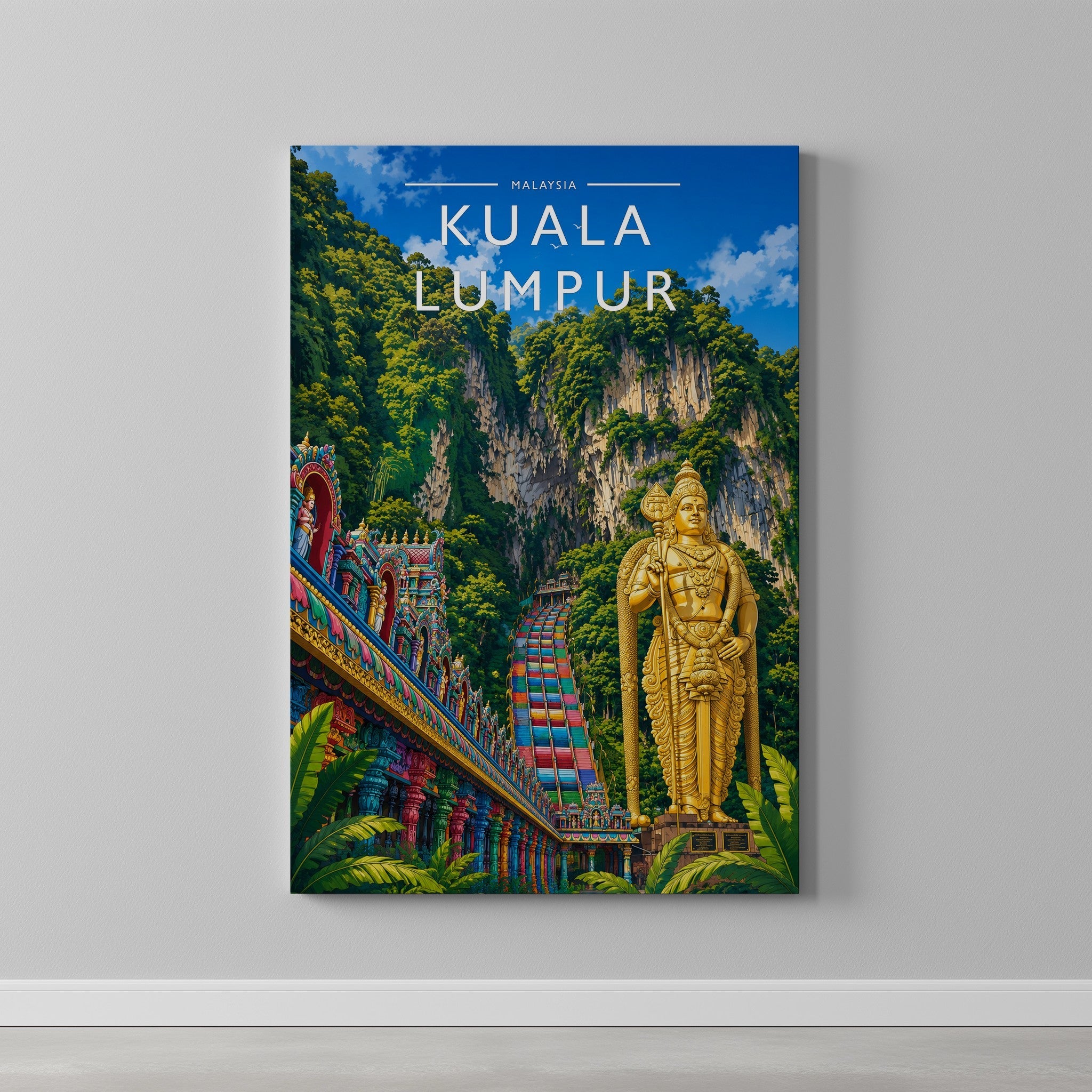 Kuala Lumpur Travel Poster as a gallery-wrapped canvas on a plain wall