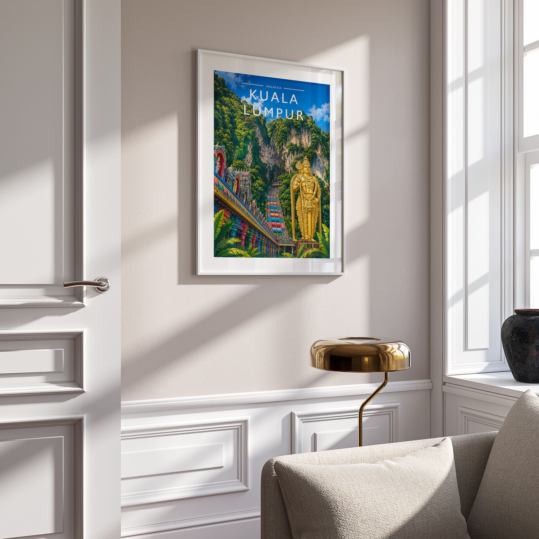 Kuala Lumpur Travel Poster in a white frame on a panelled wall
