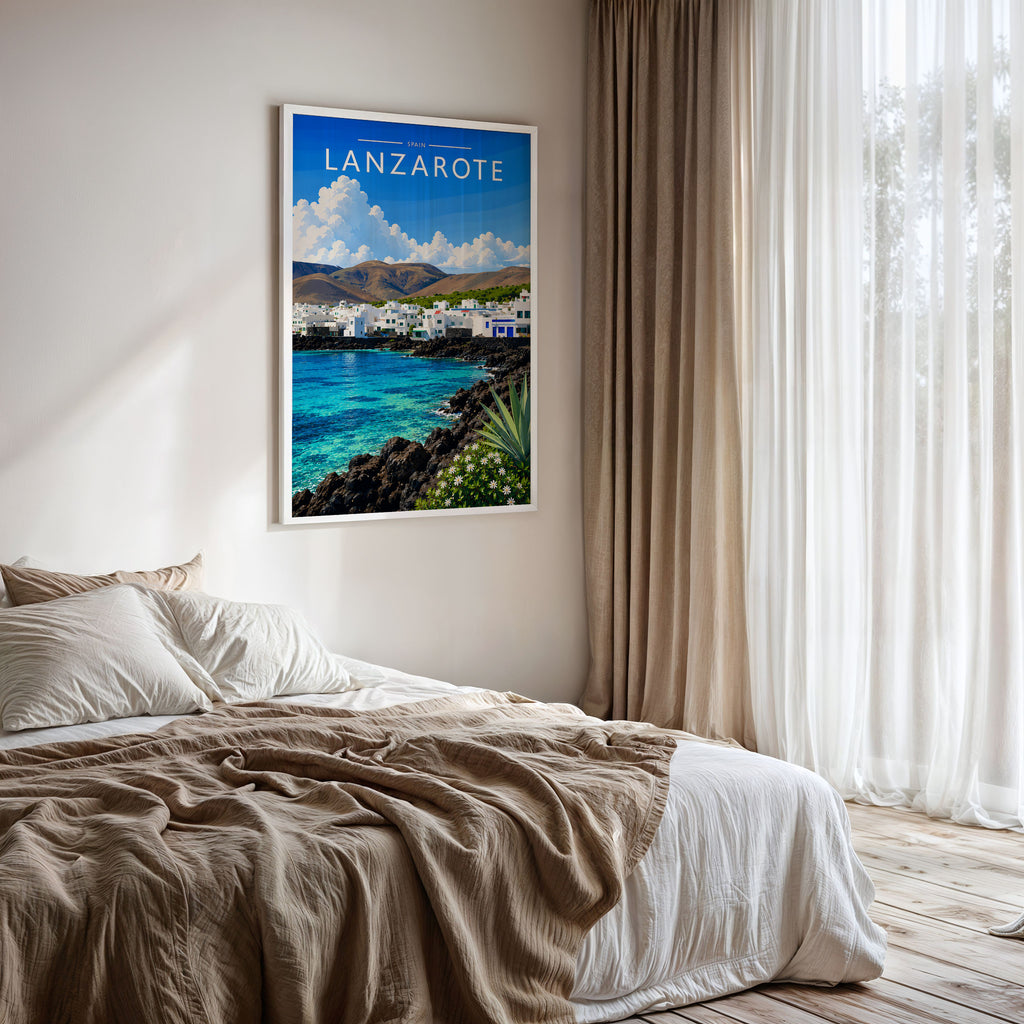 Lanzarote #3 Travel Poster framed on a bedroom wall