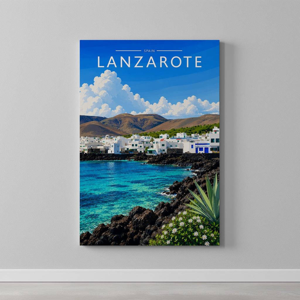 Lanzarote #3 Travel Poster as a gallery-wrapped canvas on a plain wall