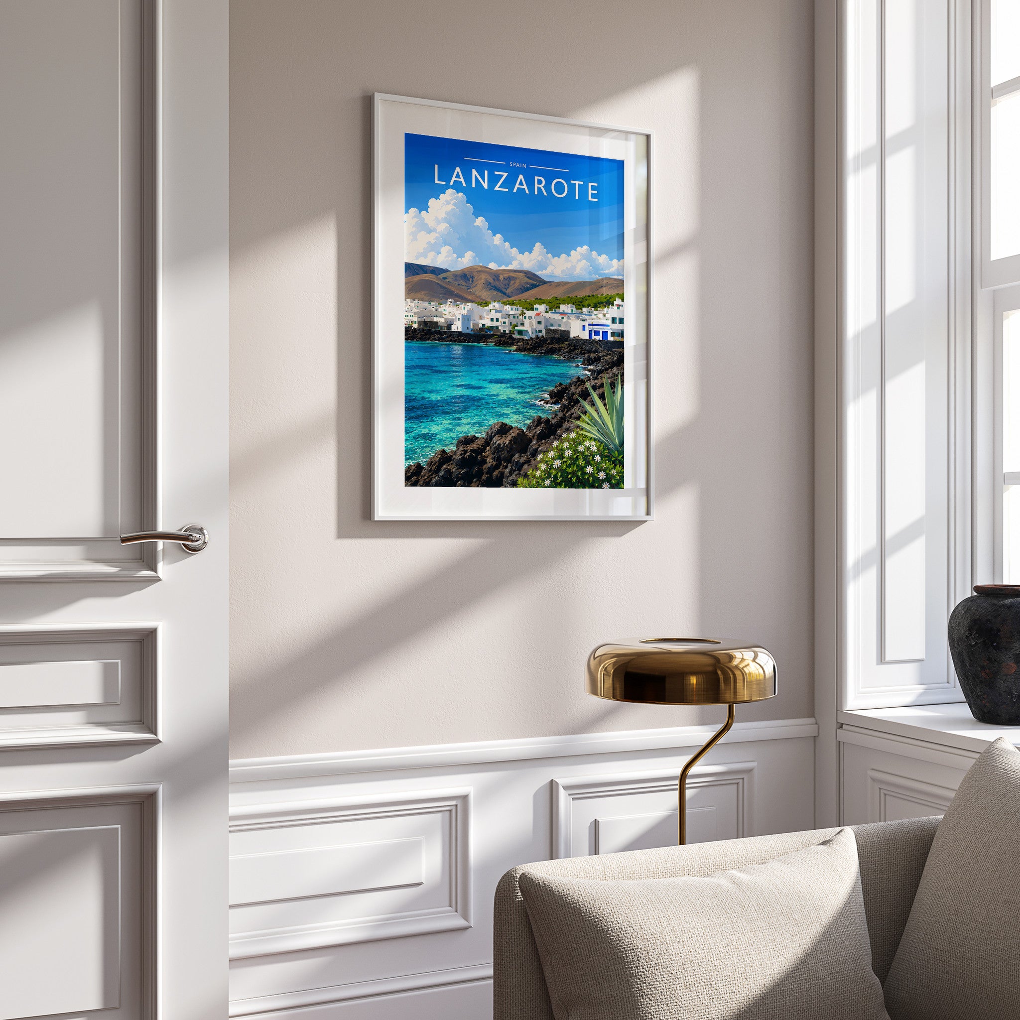 Lanzarote #3 Travel Poster in a white frame on a panelled wall
