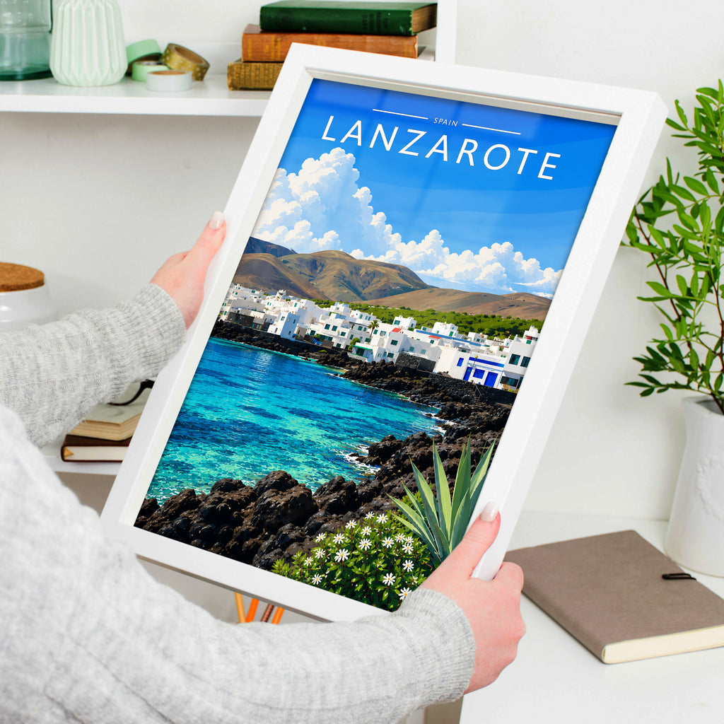 Lanzarote #3 Travel Poster in a white frame, held to show scale