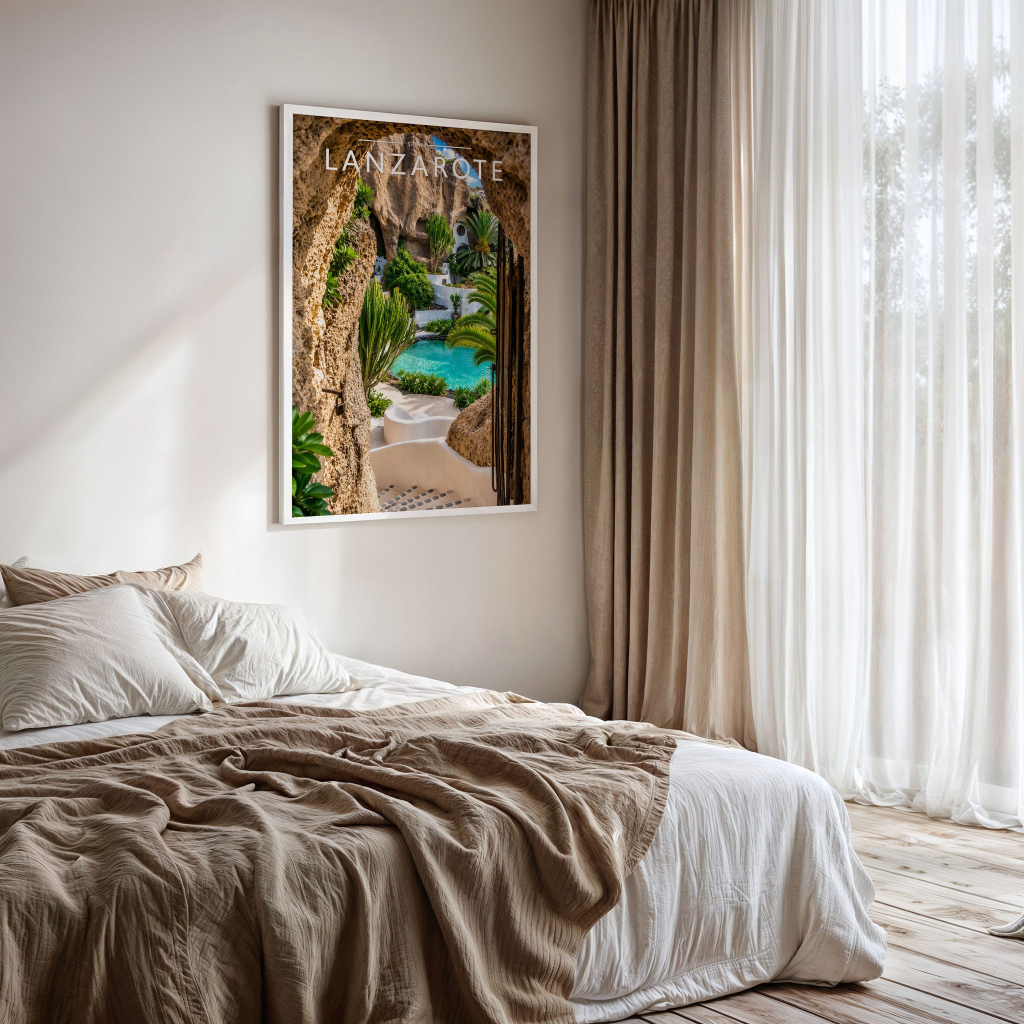 Lanzarote #4 Travel Poster framed on a bedroom wall