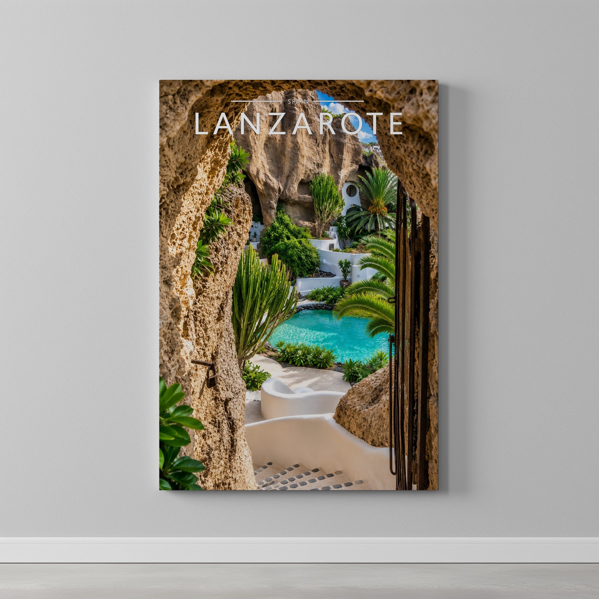 Lanzarote #4 Travel Poster as a gallery-wrapped canvas on a plain wall
