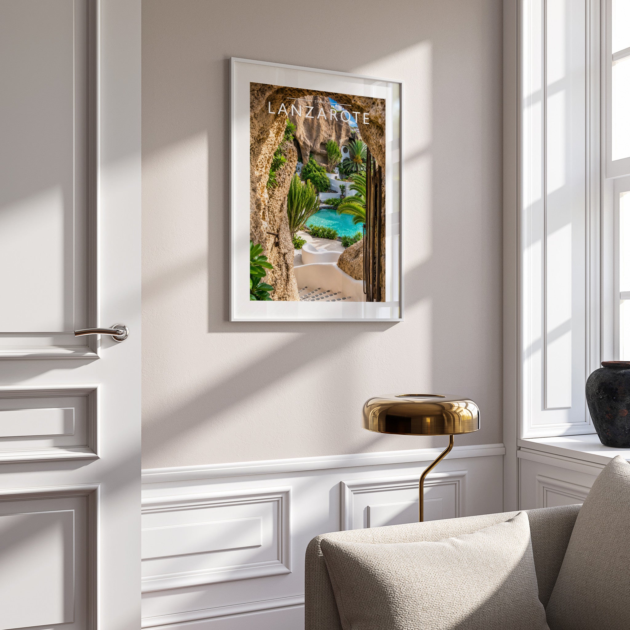 Lanzarote #4 Travel Poster in a white frame on a panelled wall