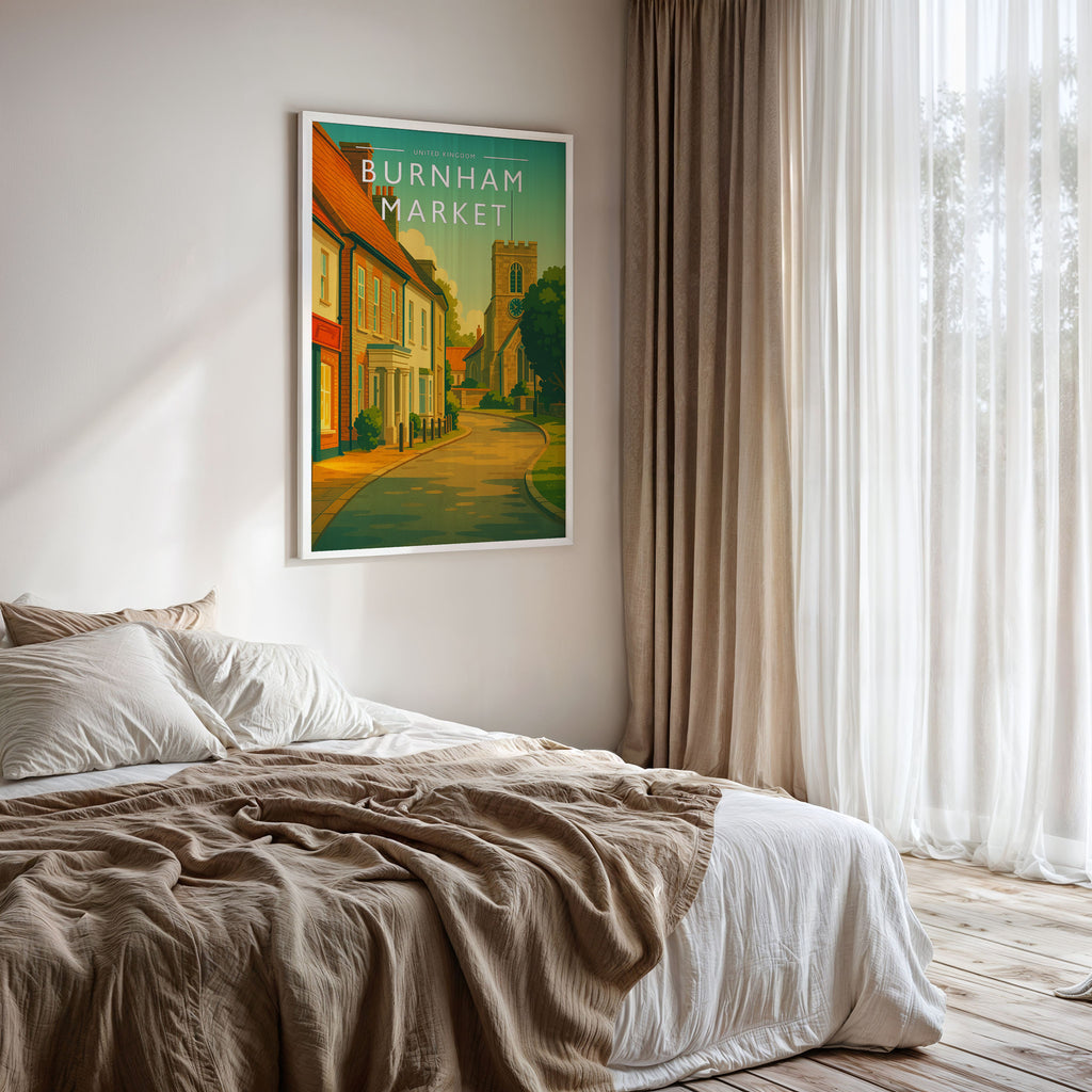 Burnham Market Travel Poster framed on a bedroom wall