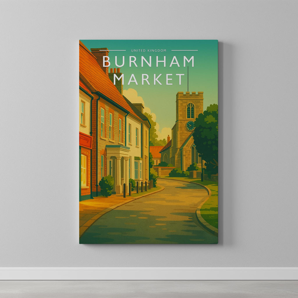 Burnham Market Travel Poster as a gallery-wrapped canvas on a plain wall