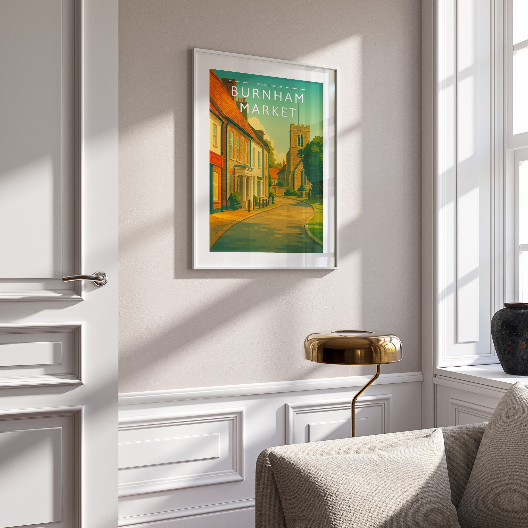 Burnham Market Travel Poster in a white frame on a panelled wall
