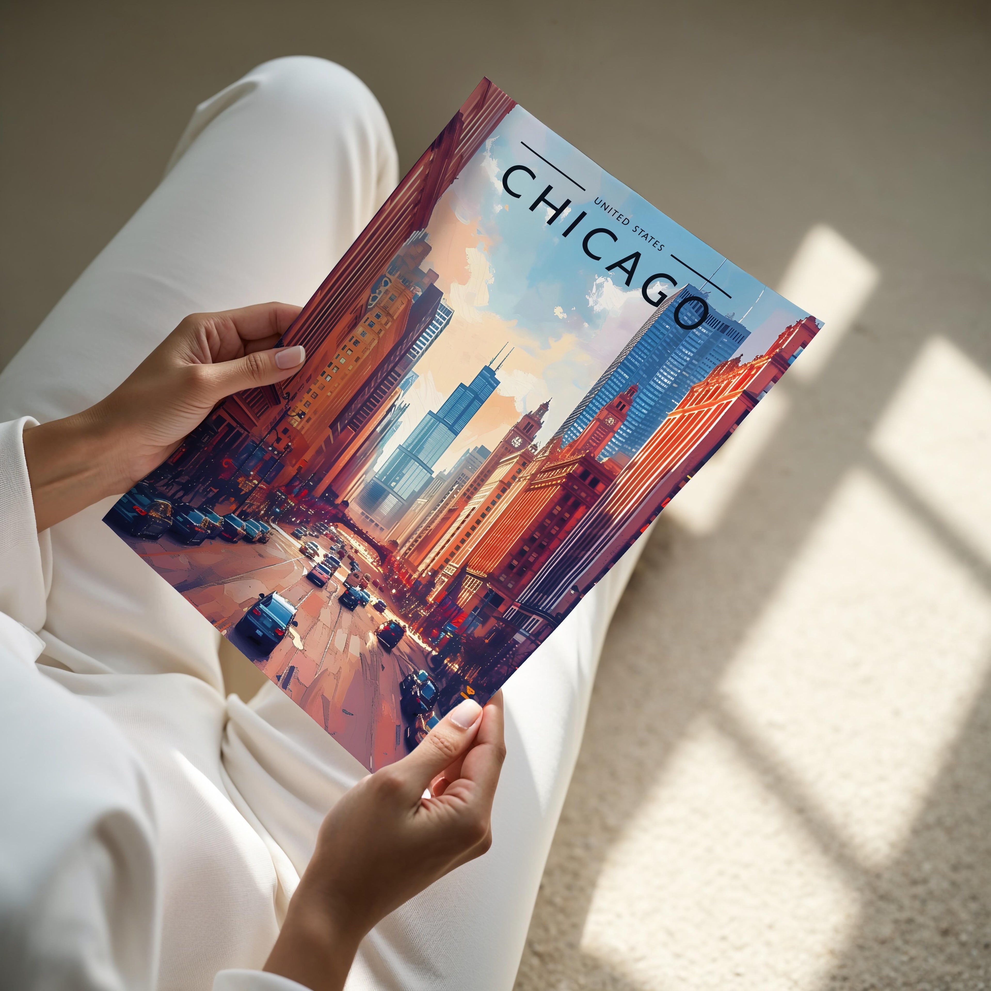 Chicago Travel Poster - A4 print held in hand