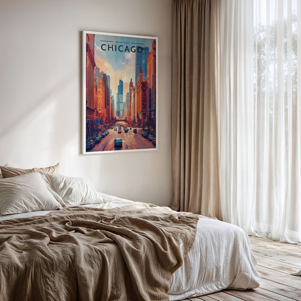 Chicago Travel Poster framed on a bedroom wall