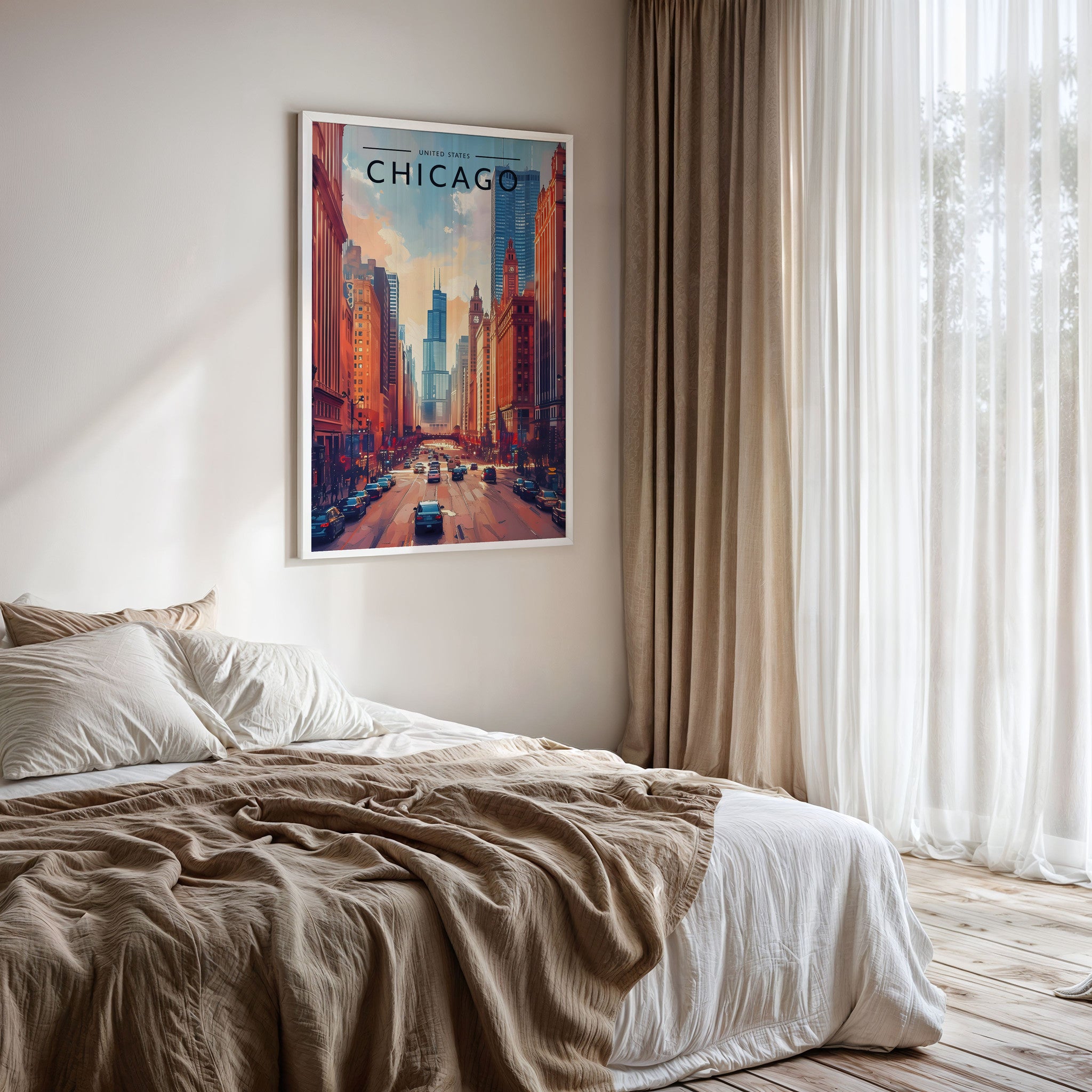 Chicago Travel Poster framed on a bedroom wall