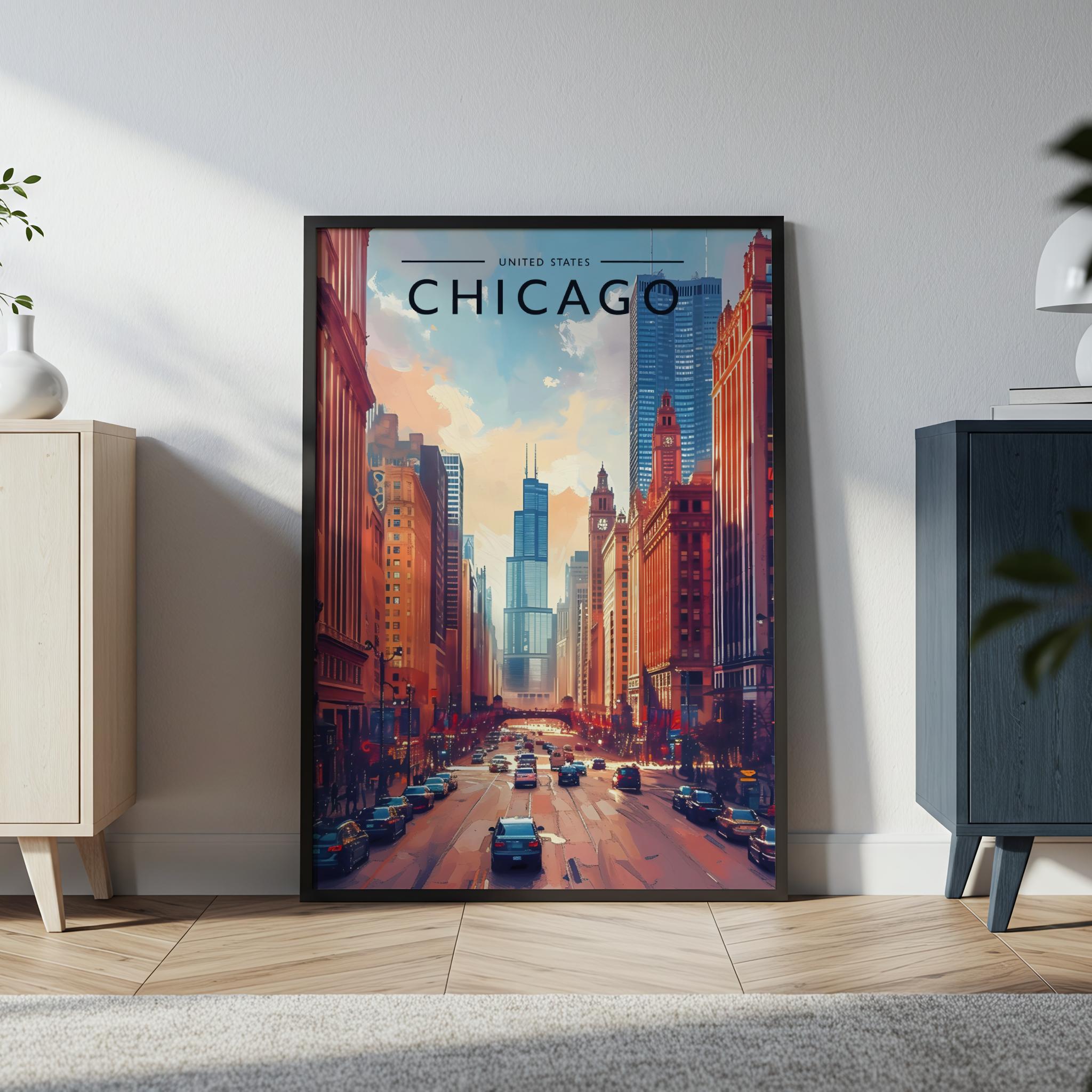 Chicago Travel Poster in a black frame