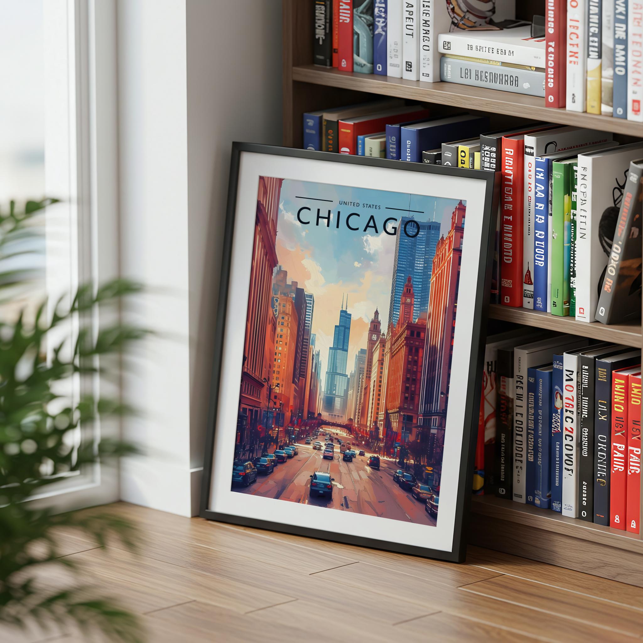 Chicago Travel Poster mounted in a black frame