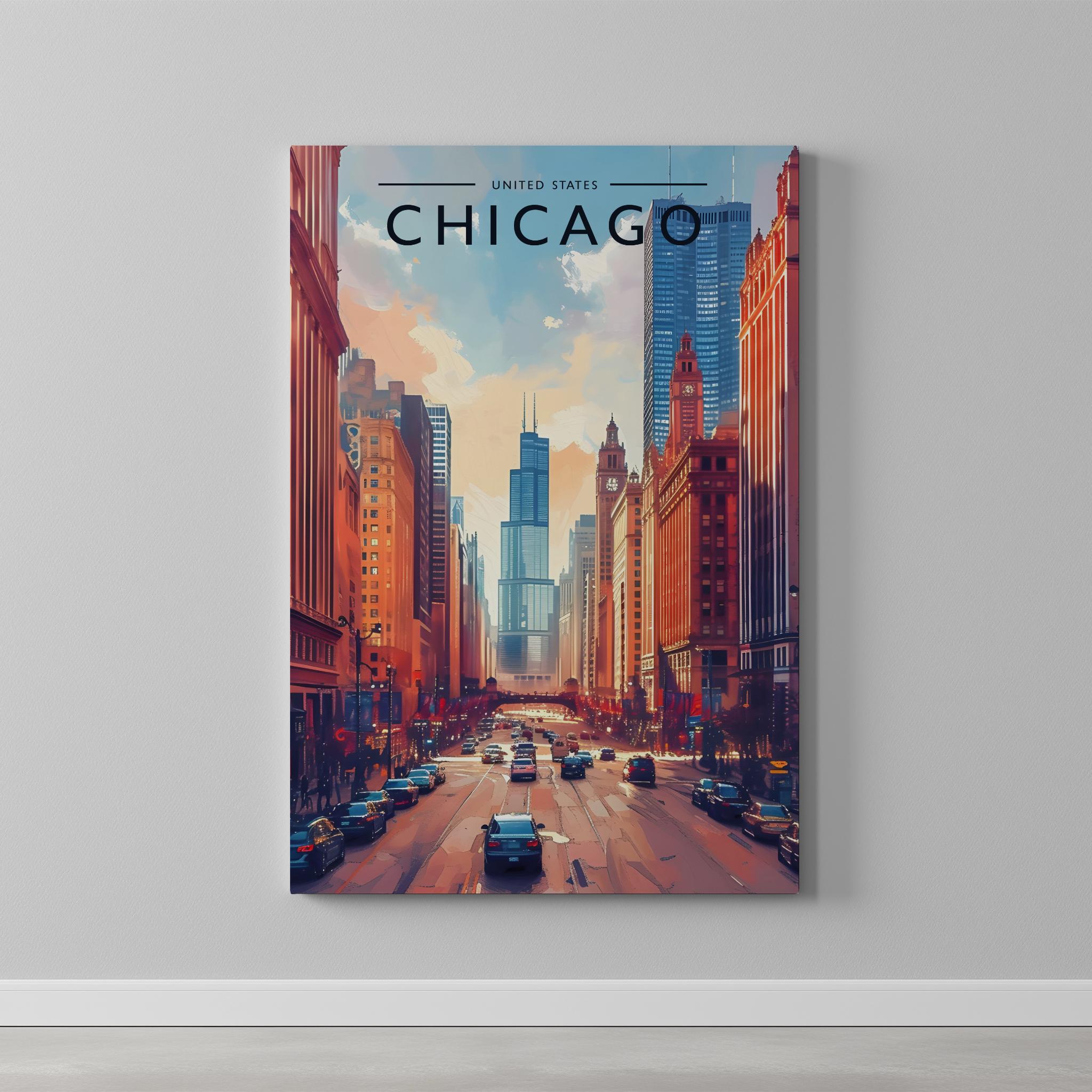 Chicago Travel Poster as a gallery-wrapped canvas on a plain wall