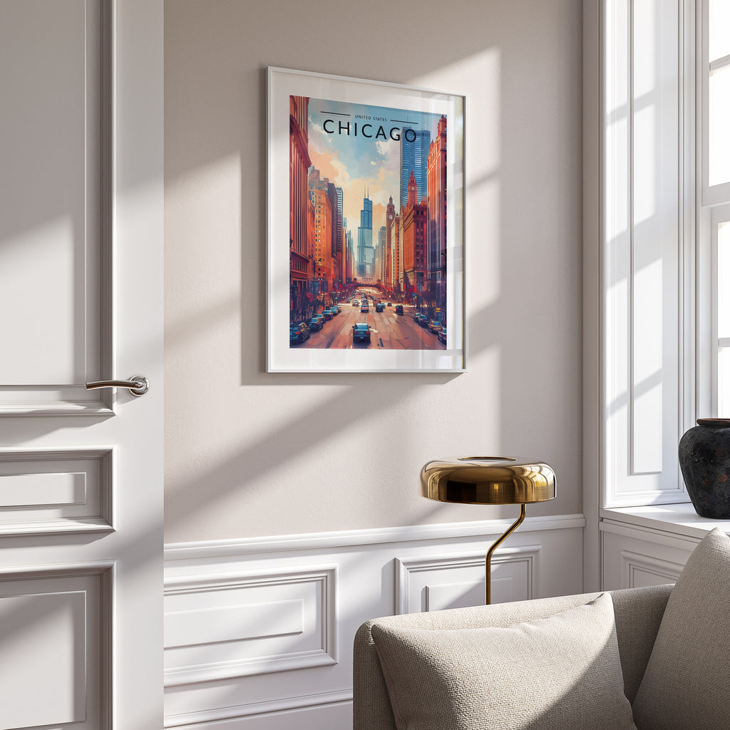 Chicago Travel Poster in a white frame on a panelled wall