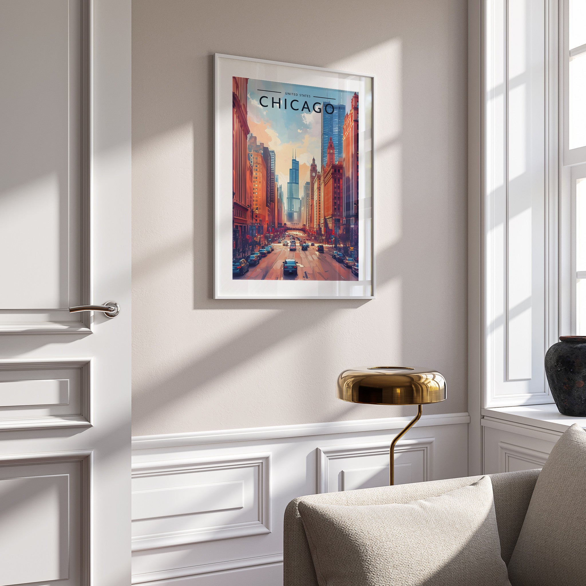 Chicago Travel Poster in a white frame on a panelled wall