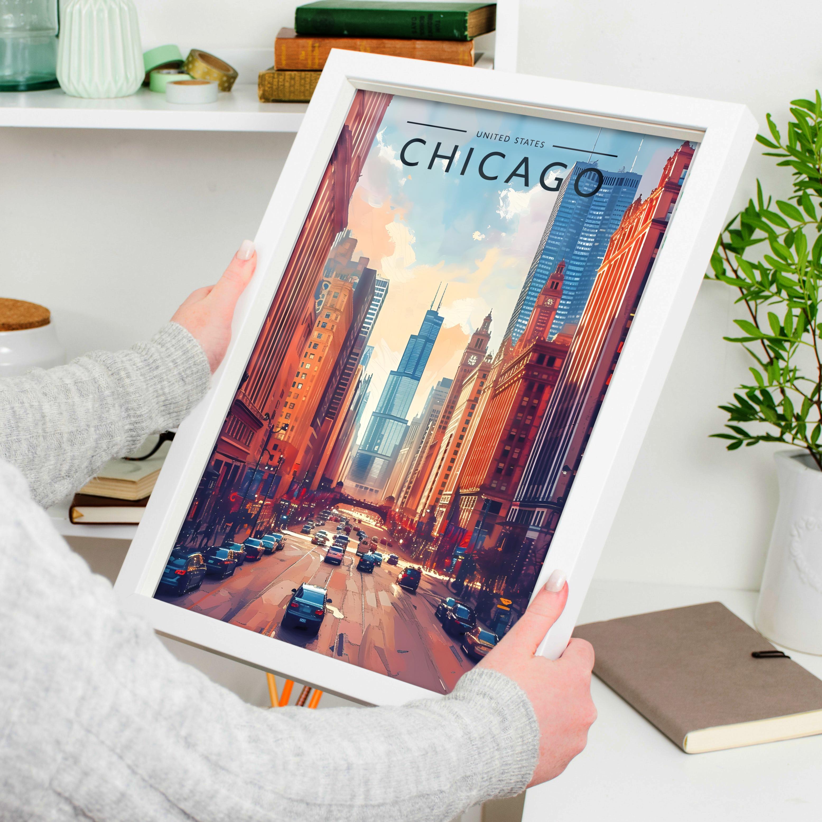 Chicago Travel Poster held in a white frame