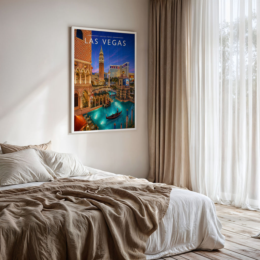 Las Vegas Travel Poster framed on a bedroom wall