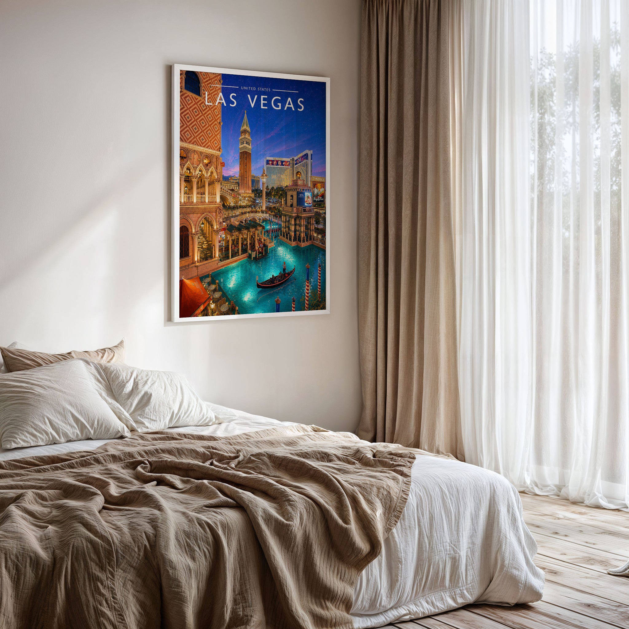 Las Vegas Travel Poster framed on a bedroom wall