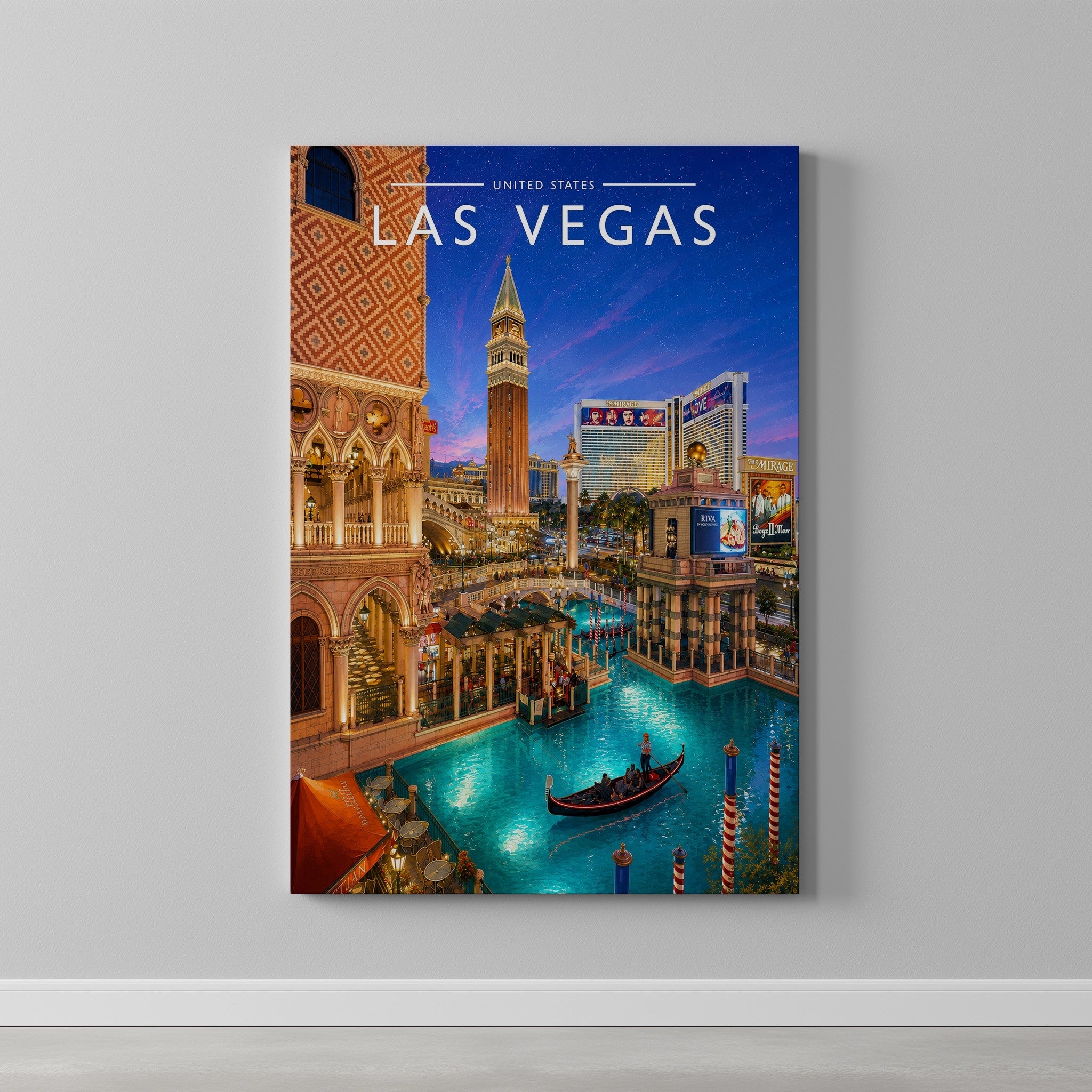 Las Vegas Travel Poster as a gallery-wrapped canvas on a plain wall