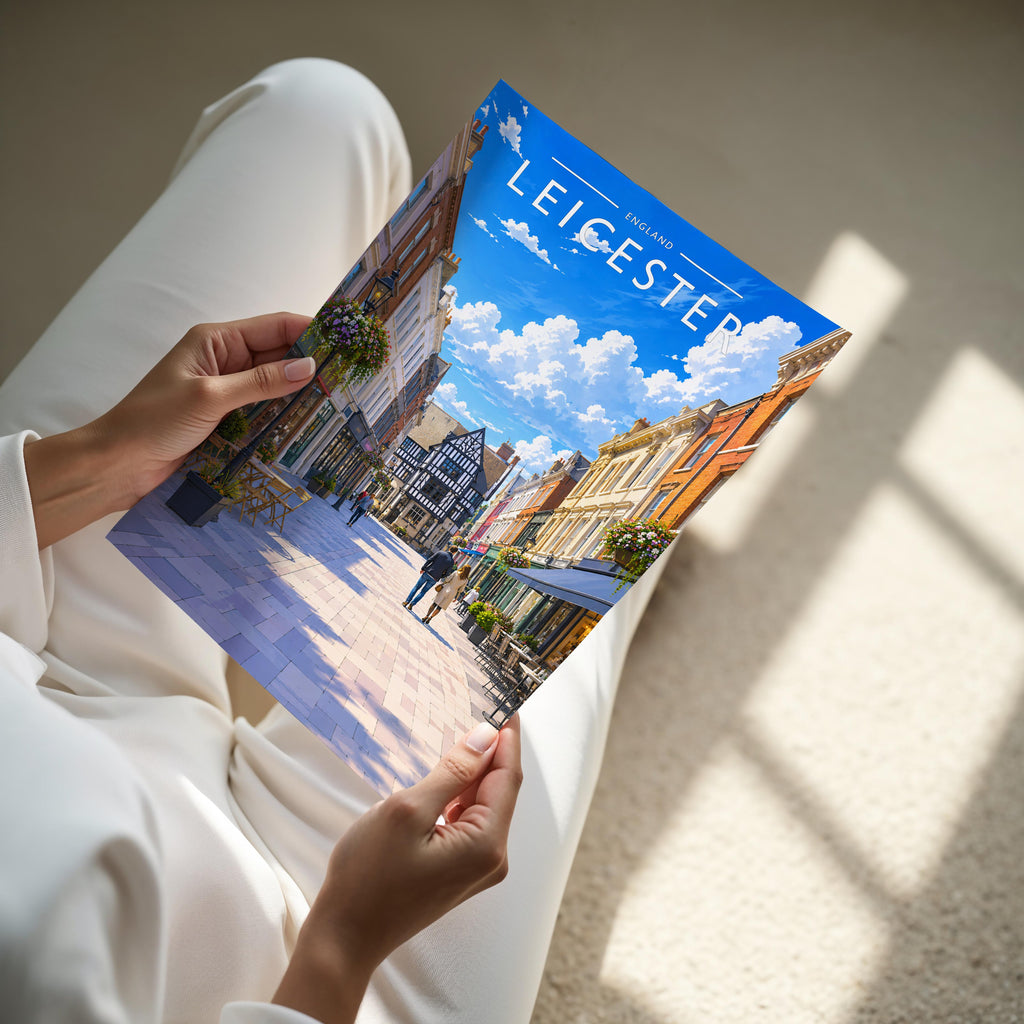 Leicester #2 Travel Poster - A4 print held in hand