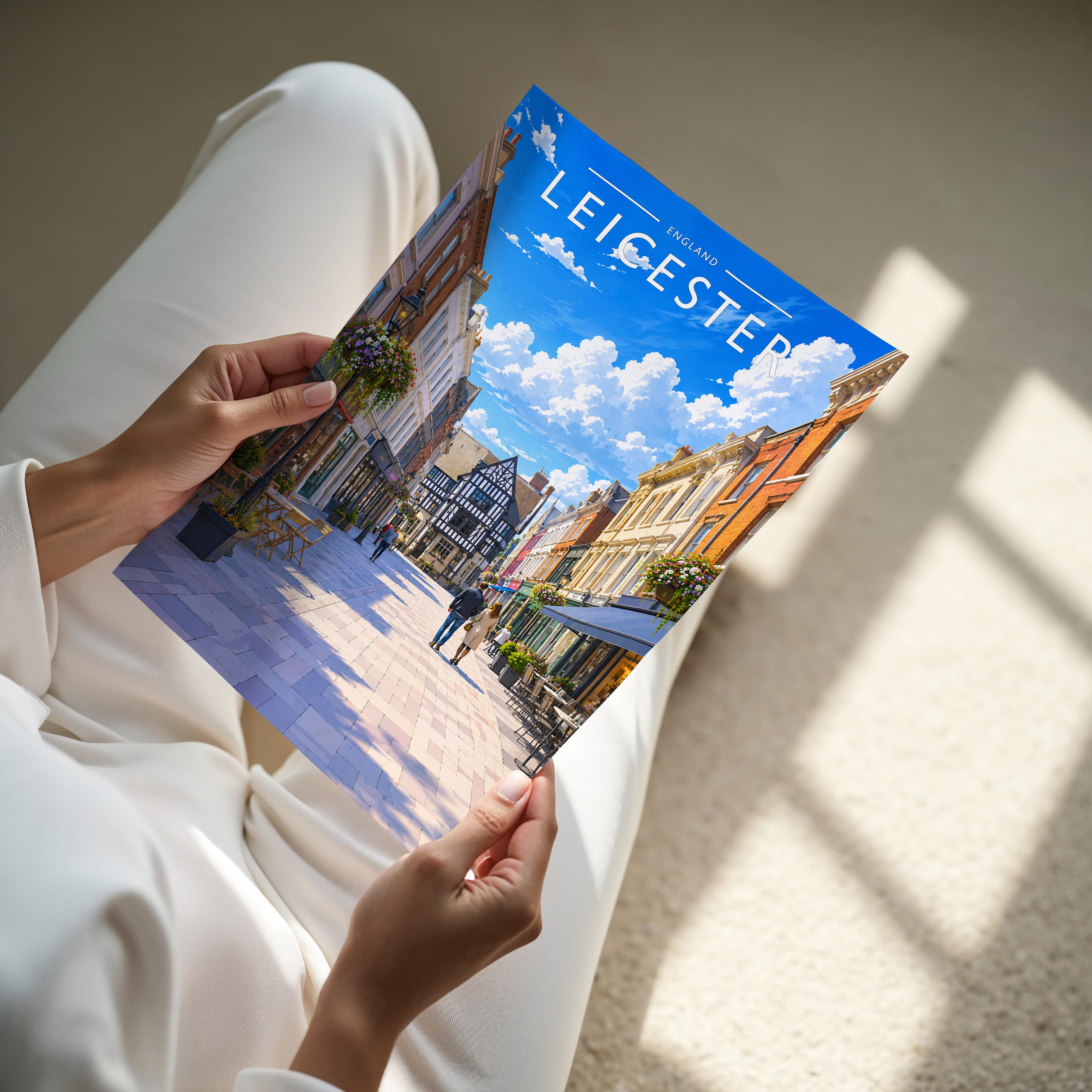 Leicester #2 Travel Poster - A4 print held in hand