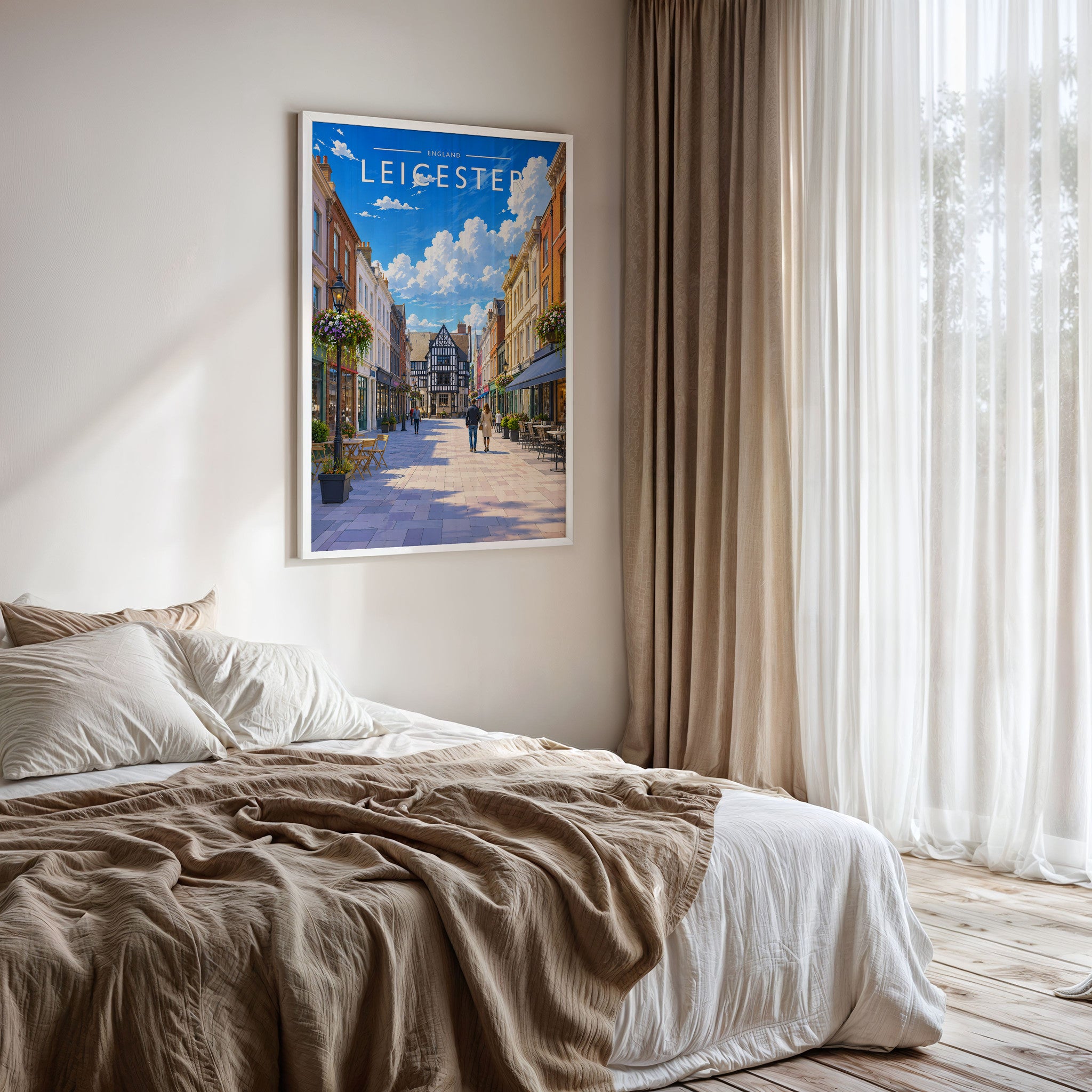 Leicester #2 Travel Poster framed on a bedroom wall