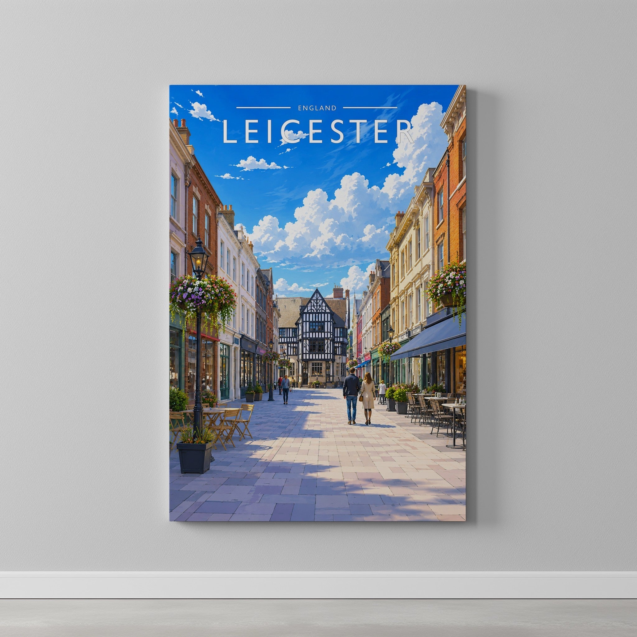 Leicester #2 Travel Poster as a gallery-wrapped canvas on a plain wall