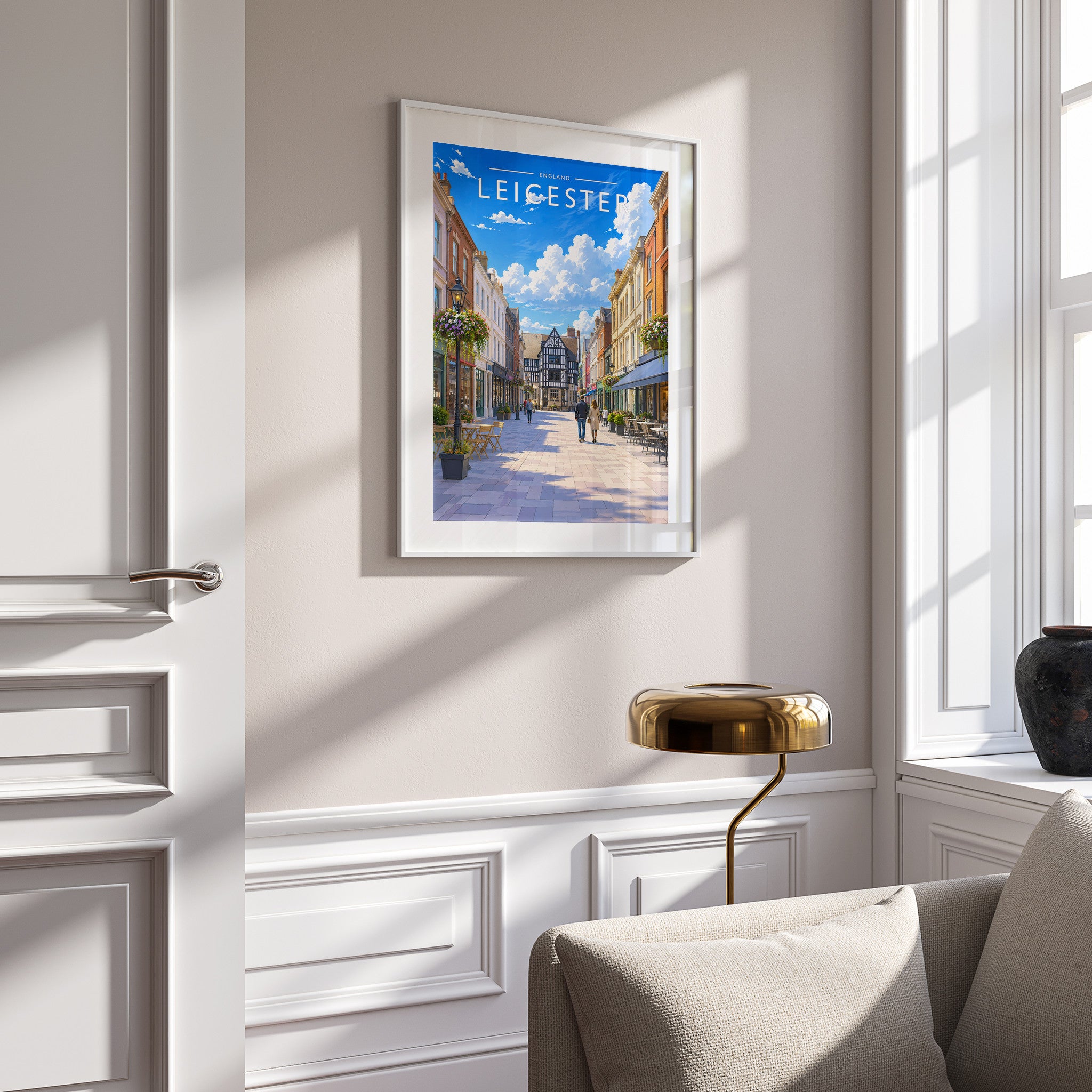 Leicester #2 Travel Poster in a white frame on a panelled wall