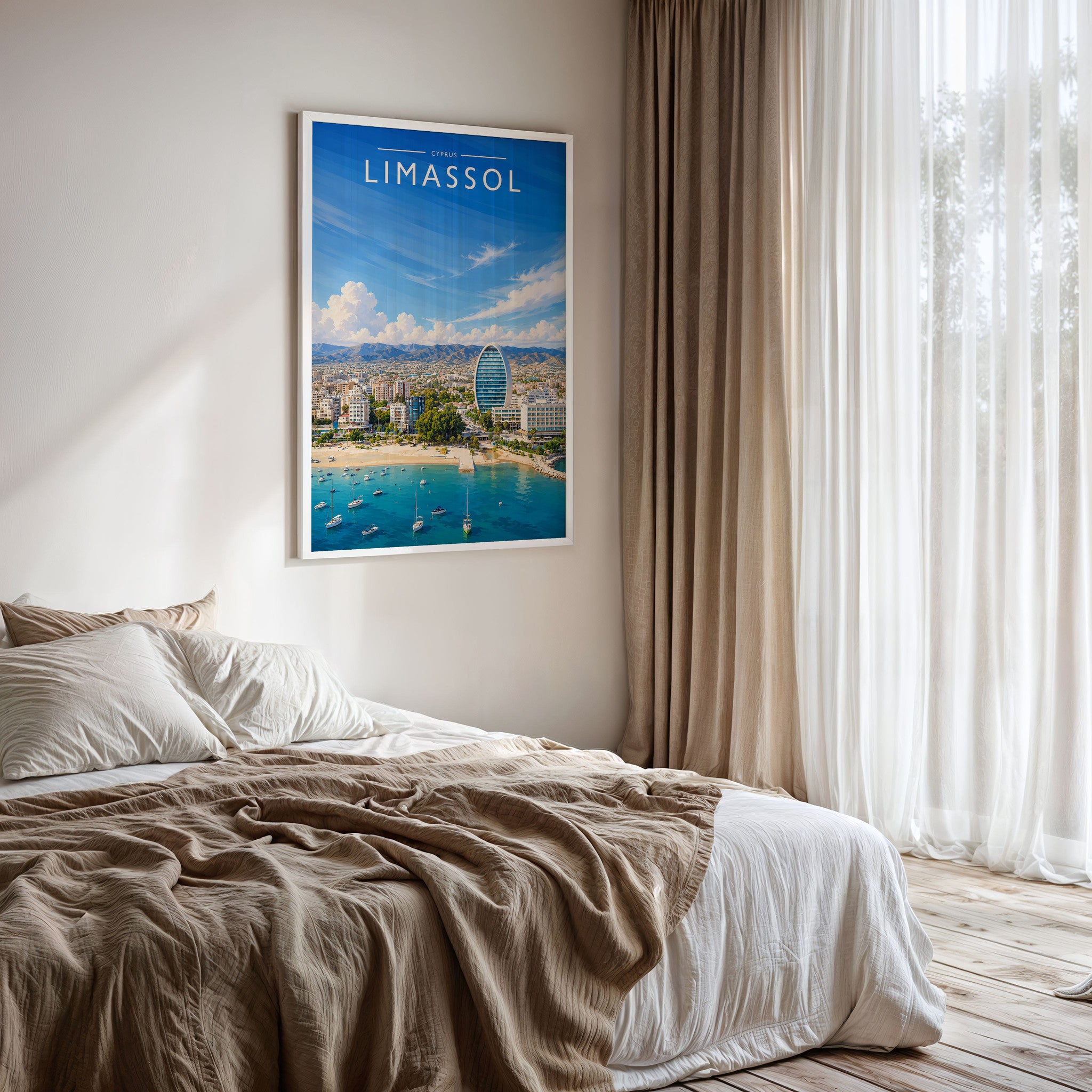 Limassol Travel Poster framed on a bedroom wall