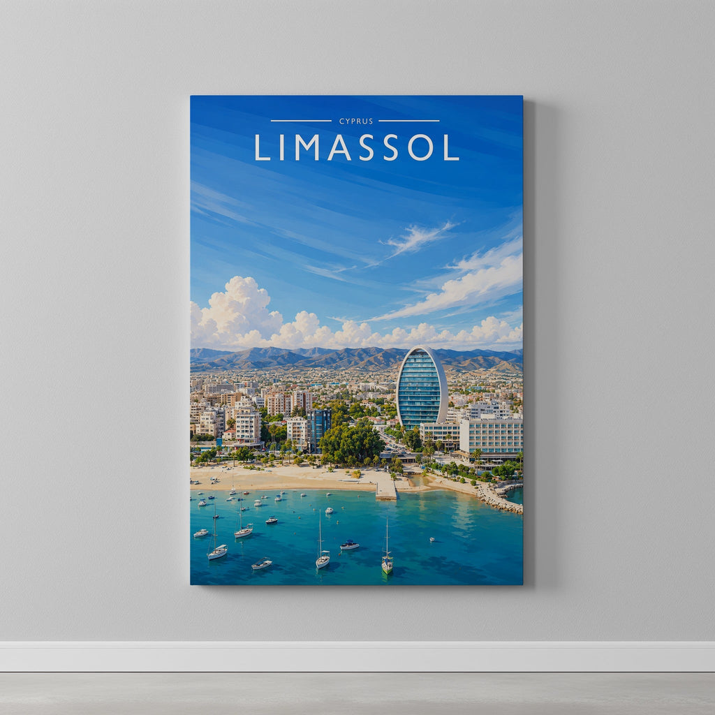 Limassol Travel Poster as a gallery-wrapped canvas on a plain wall
