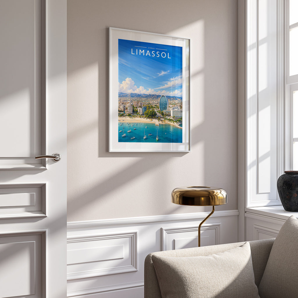 Limassol Travel Poster in a white frame on a panelled wall