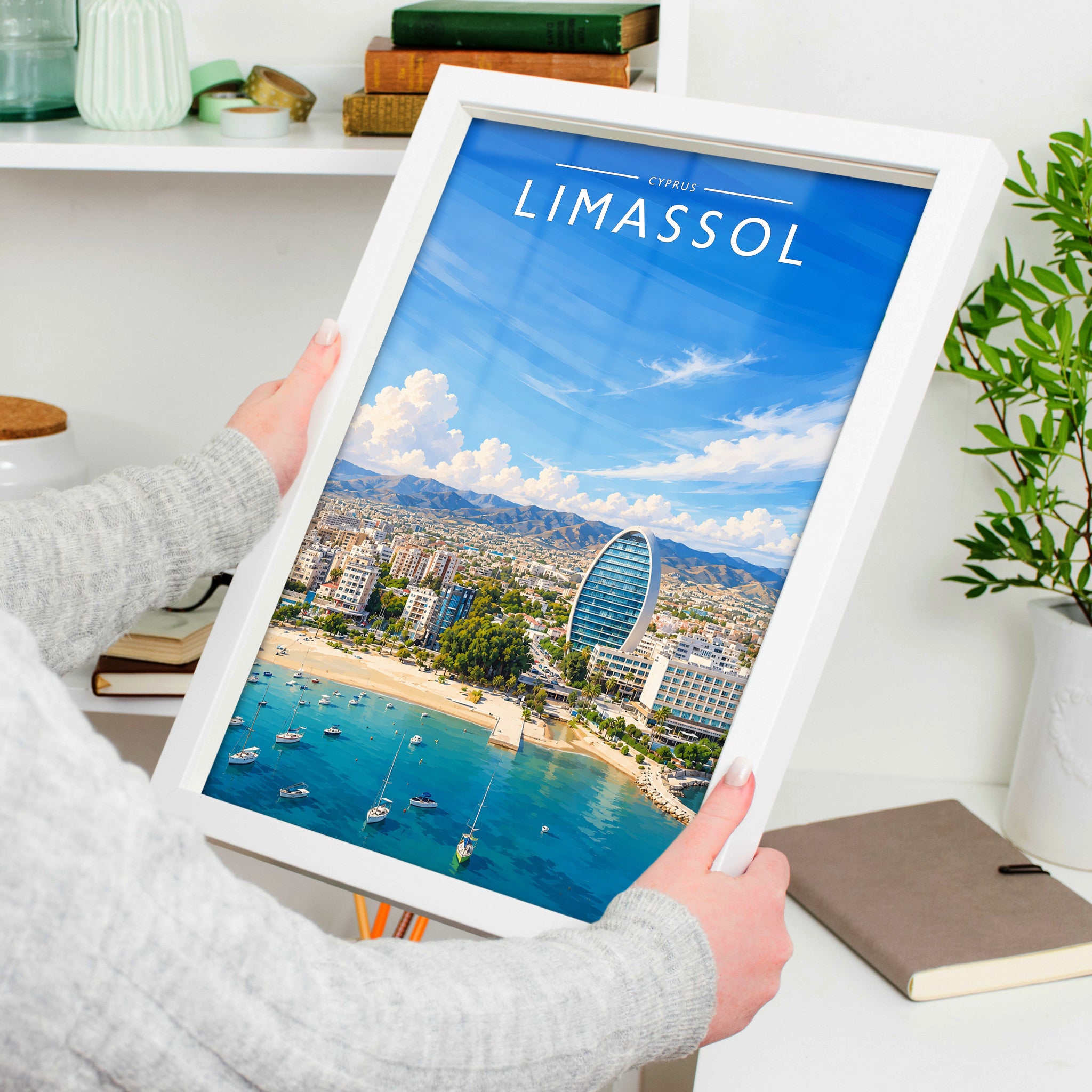 Limassol Travel Poster in a white frame, held to show scale