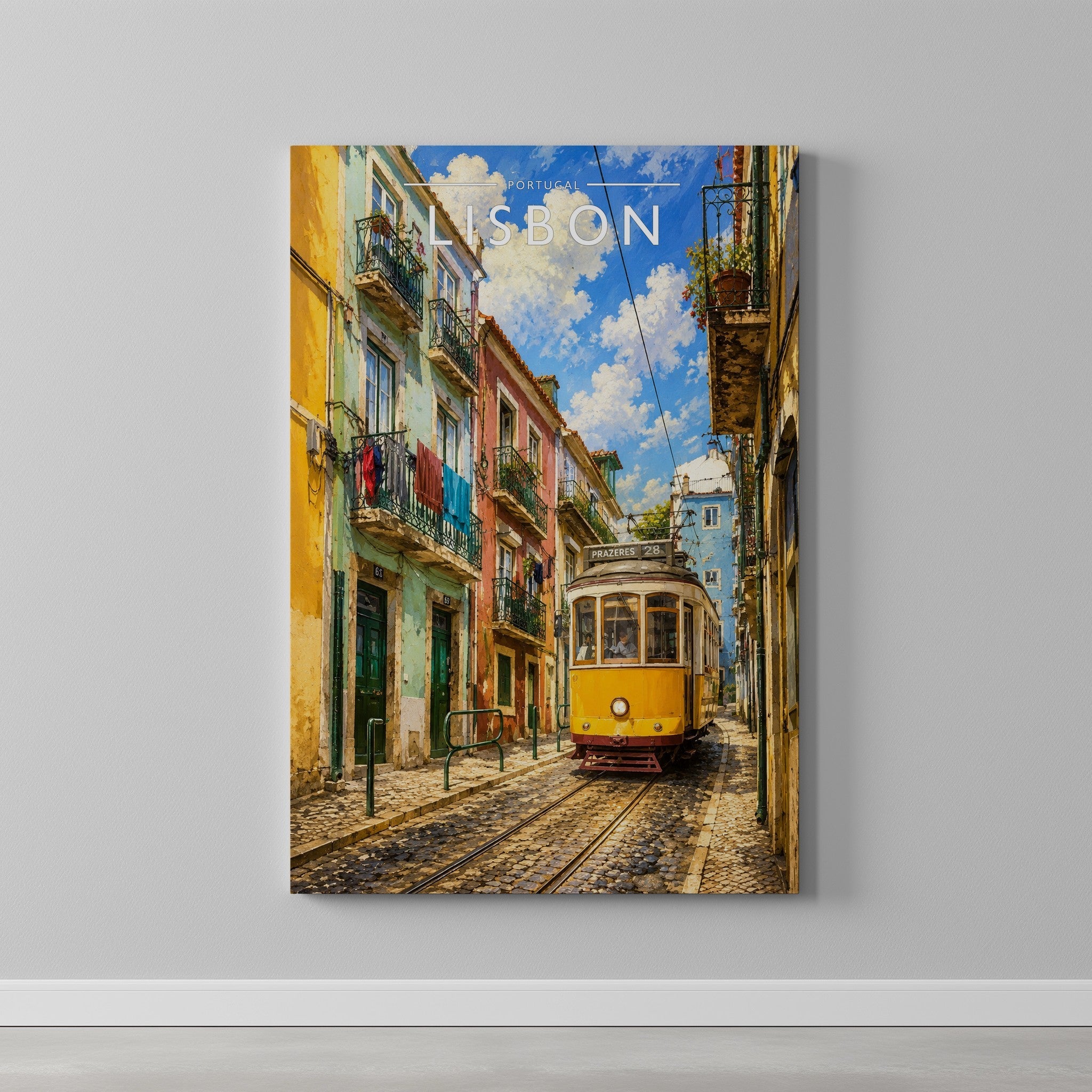 Lisbon #2 Travel Poster as a gallery-wrapped canvas on a plain wall