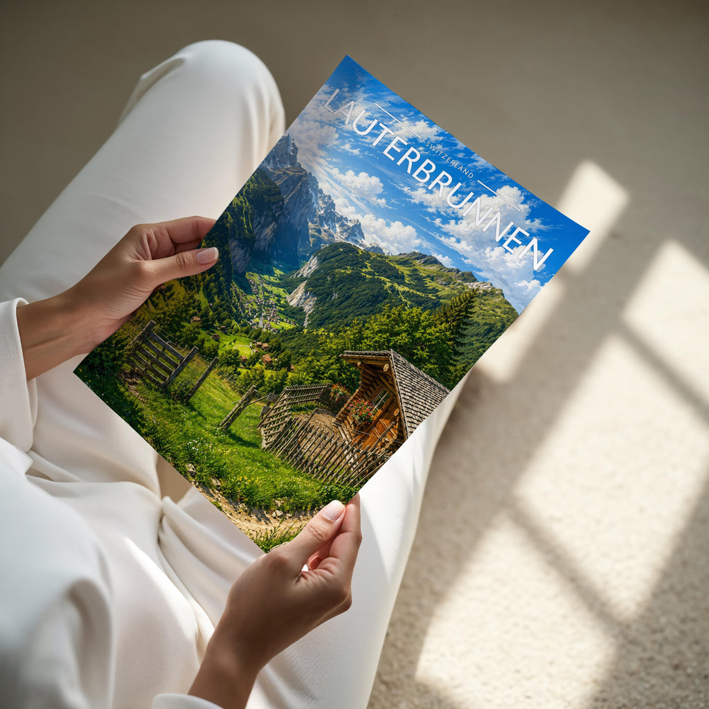 Lauterbrunnen Travel Poster - A4 print held in hand
