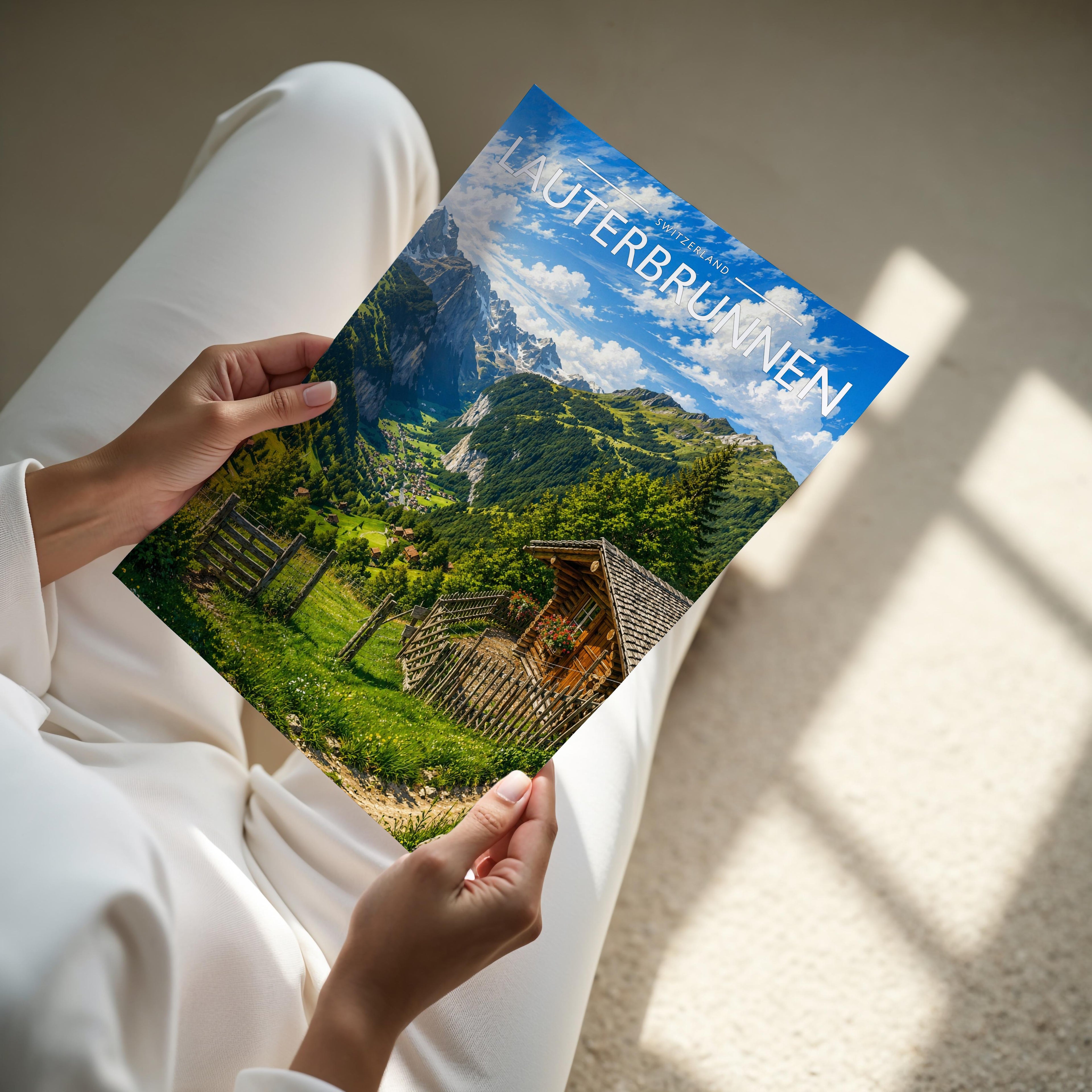 Lauterbrunnen Travel Poster - A4 print held in hand