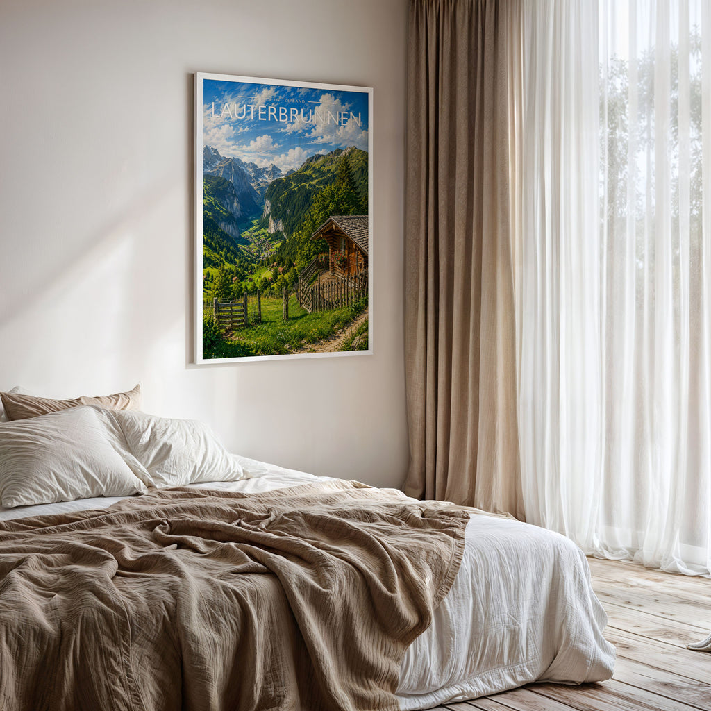 Lauterbrunnen Travel Poster framed on a bedroom wall